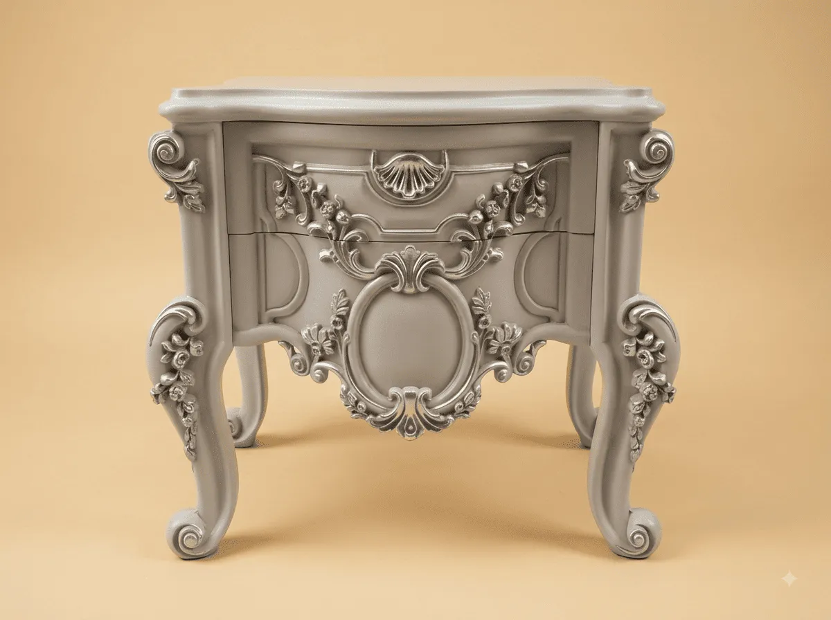 Grey Side Table in Carved Teak - Two Drawers with Rose Garland Carving