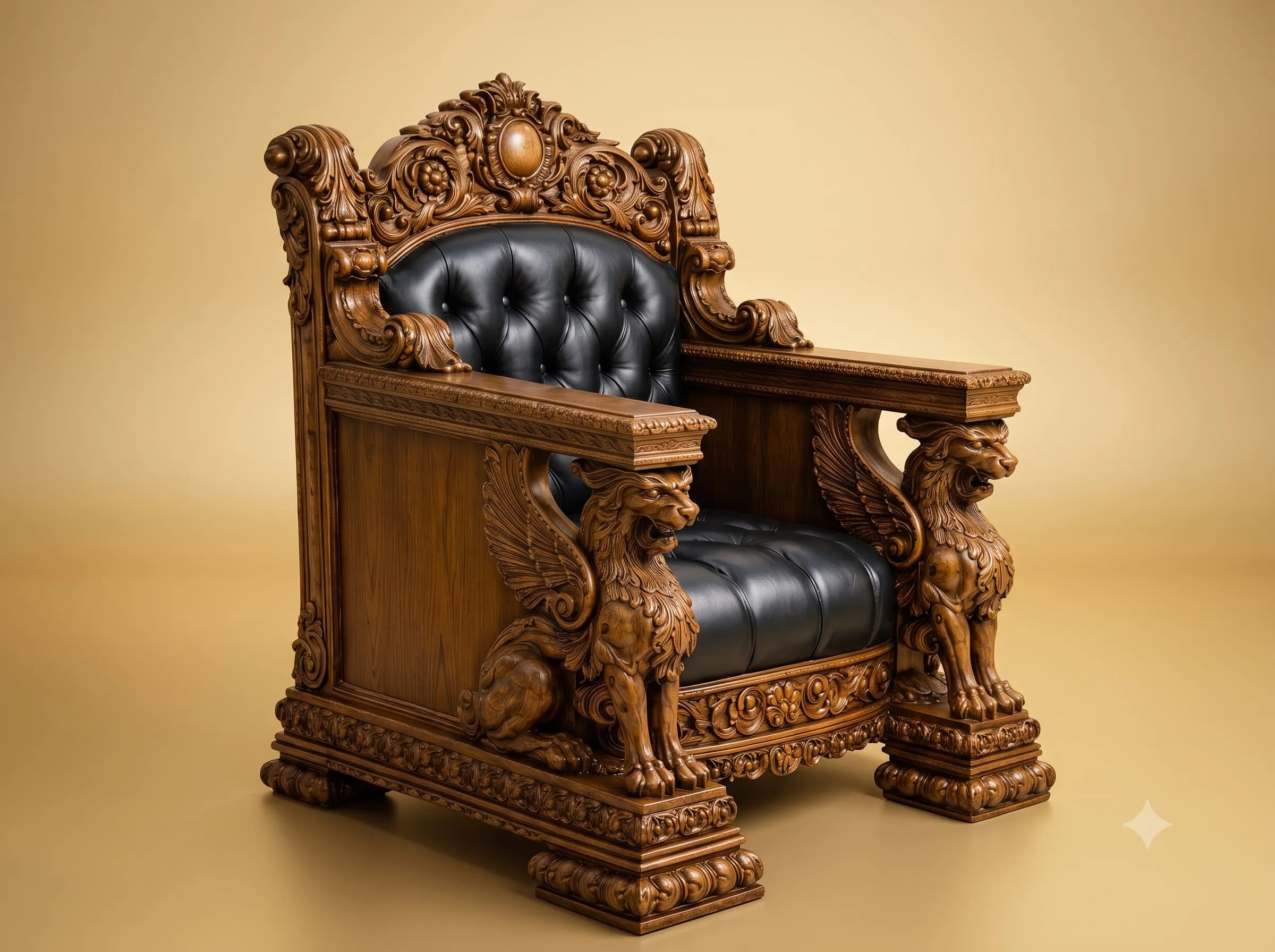 Wooden Throne Chair in Carved Teak with Winged Griffins and Black Leather