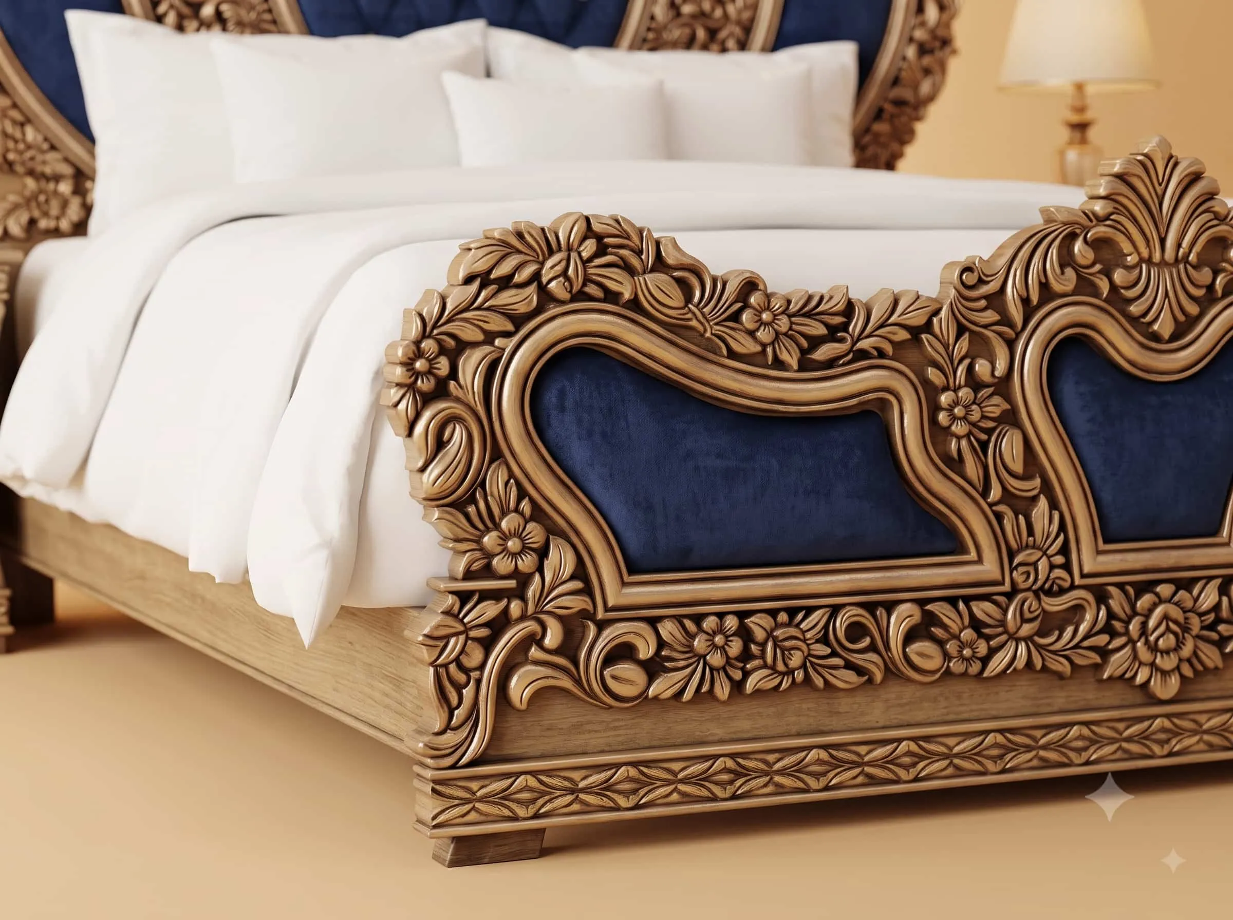 Royal Blue Bed in Carved Teak - Crystal Buttoned Velvet Panels