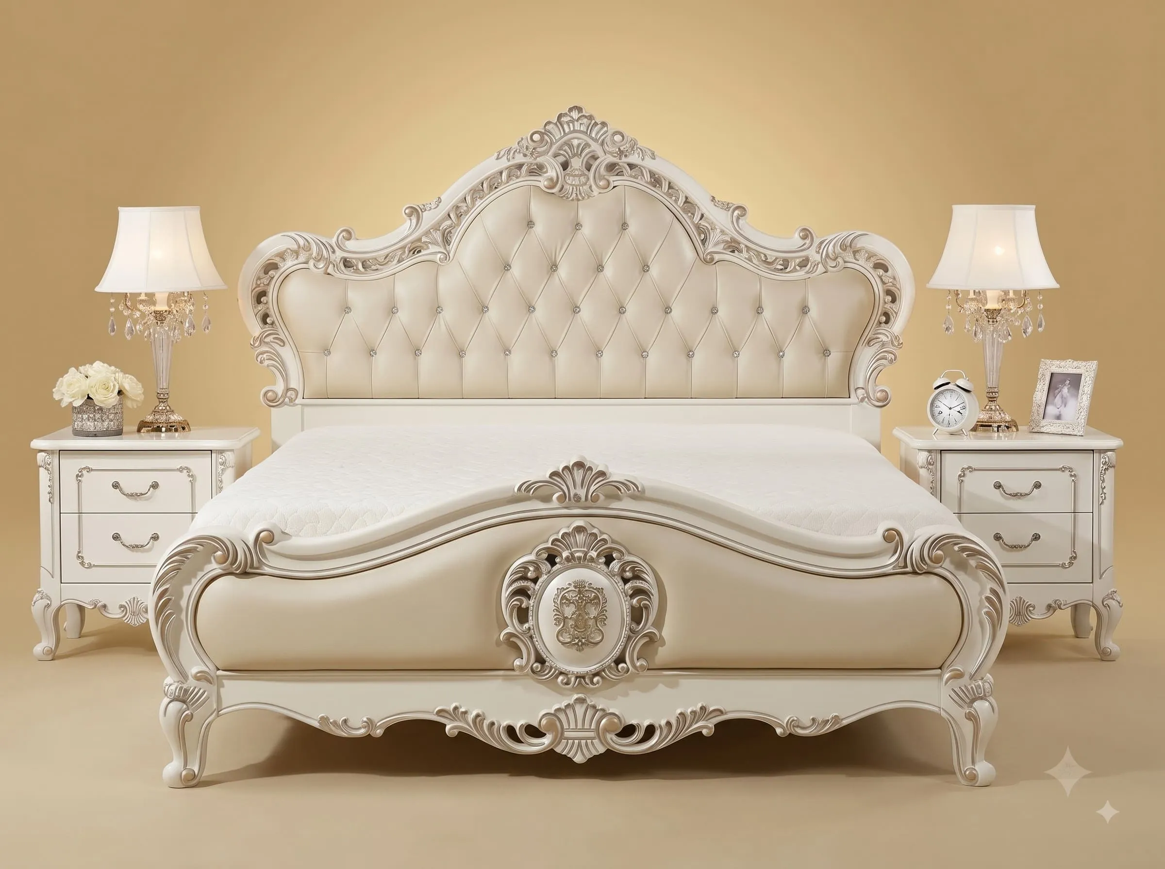 Ivory Upholstered King Size Bed - Carved Teak with Pearl Tufted Headboard