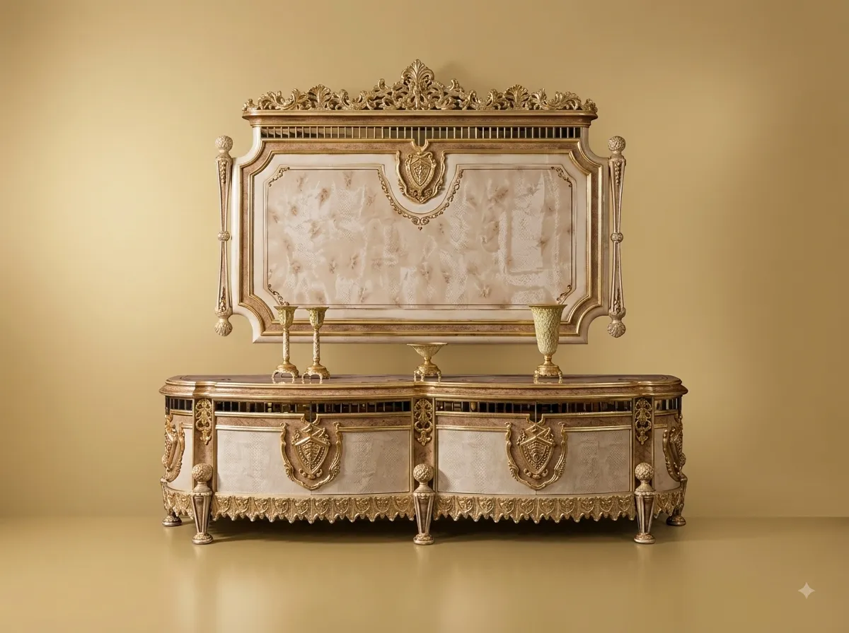 TV Sideboard in Carved Teak with a Tall Back Panel and Tapered Legs