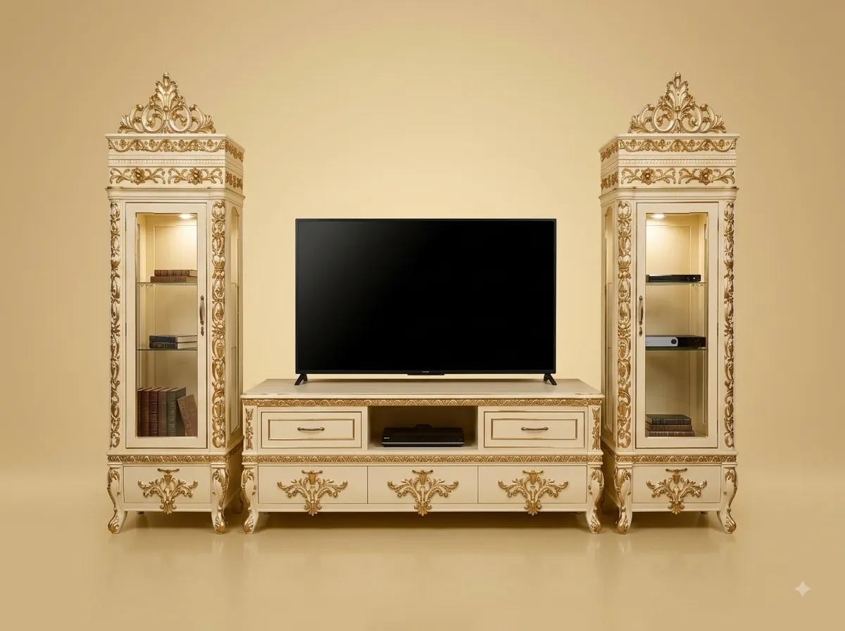 TV Unit Set in Carved Teak with Two Glazed Display Towers and a Console