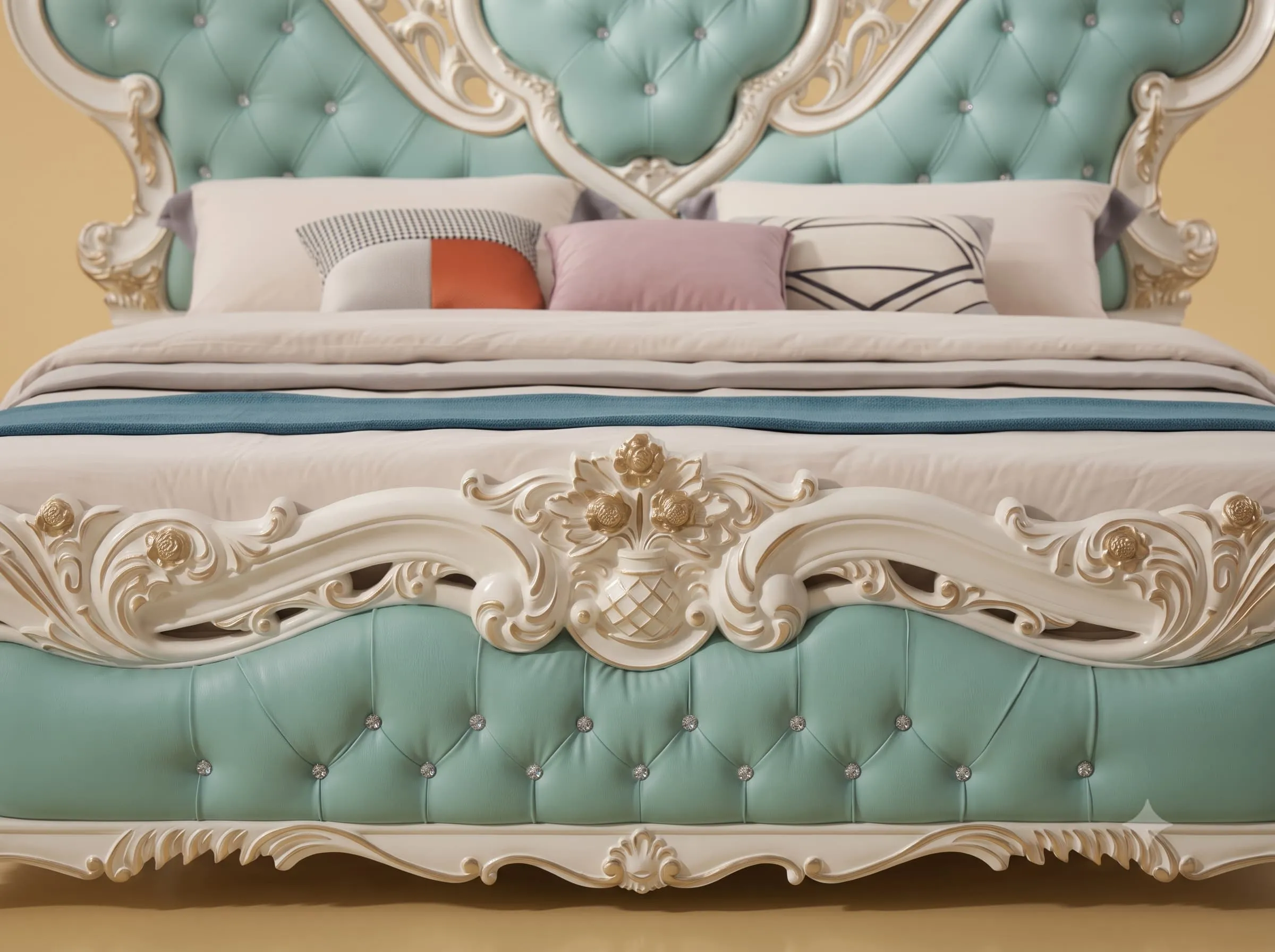 Mint Green Bed in Carved Teak - White Frame with Heart Headboard