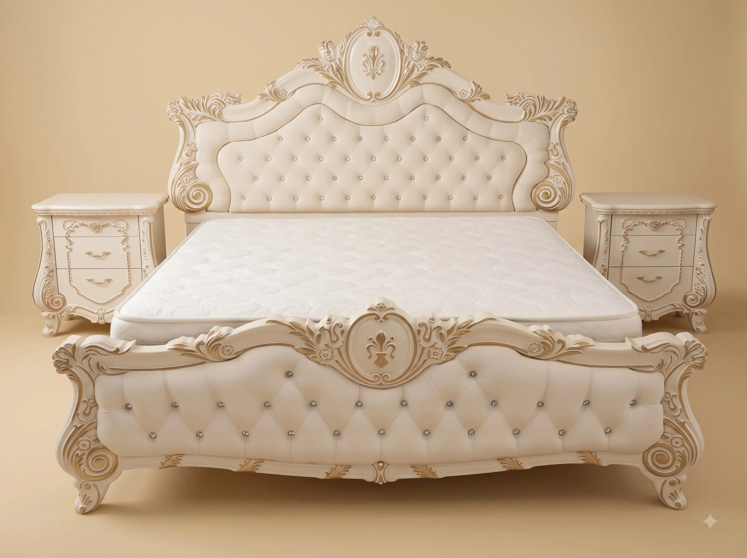 Cushioned Bed in Carved Teak - Cream and Gold with Crystal Buttons