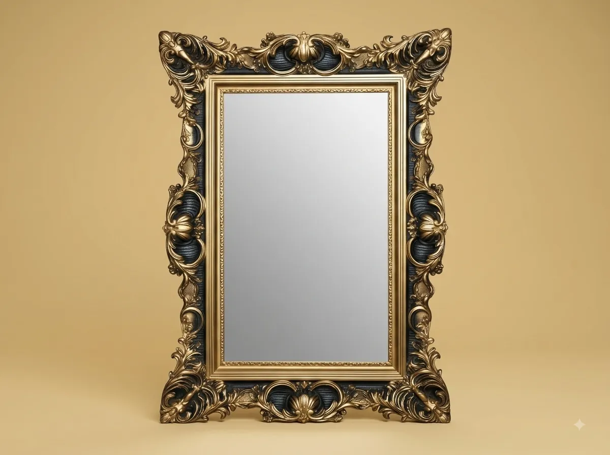 Statement Mirror in Carved Teak with Black Fluted Shells and Gilded Scrolls