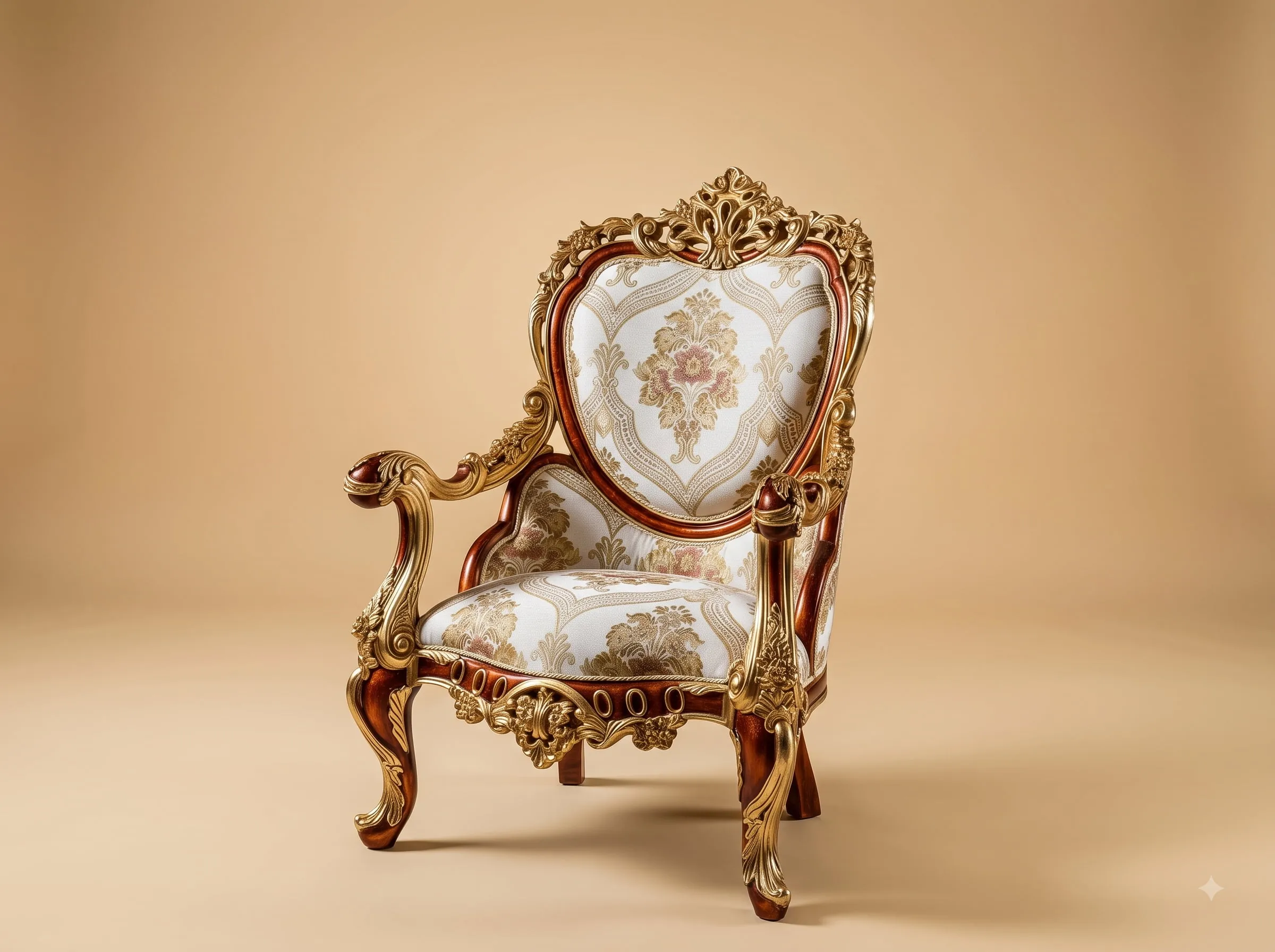 Maharaja Chair in Carved Teak with Gold Leaf and Ivory Brocade
