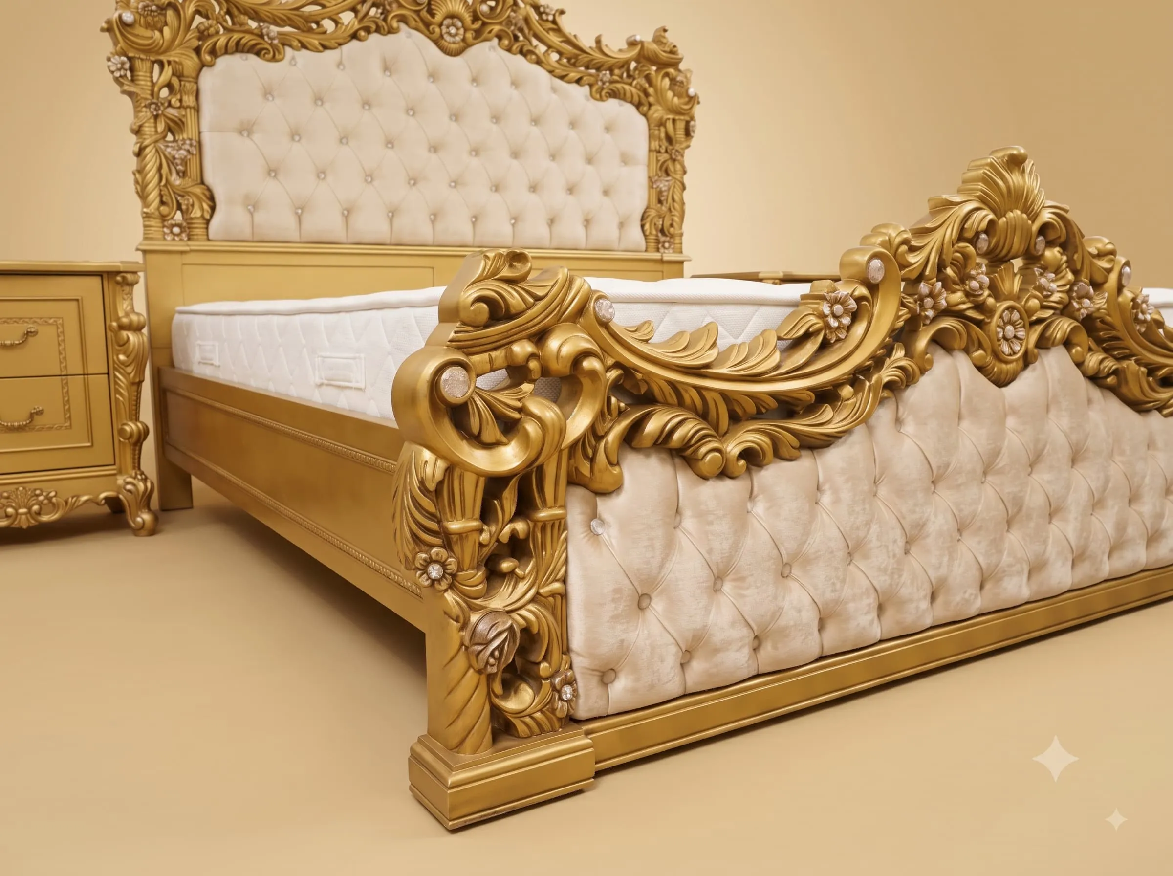 Maharaja Bed in Carved Teak - Gold Finish with Tufted Headboard
