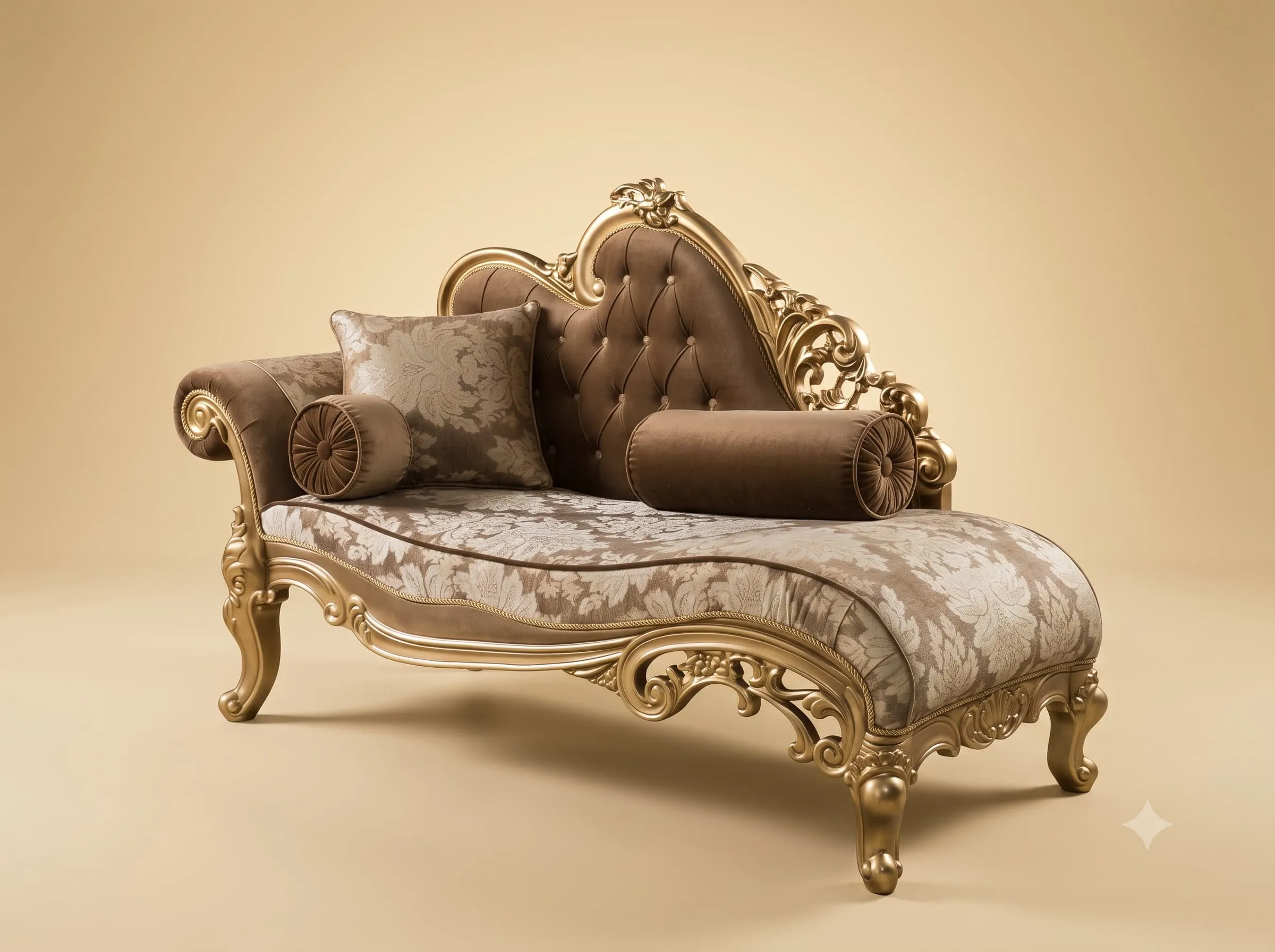 Diwan Couch in Gold Teak with Brown Velvet and Damask Seat