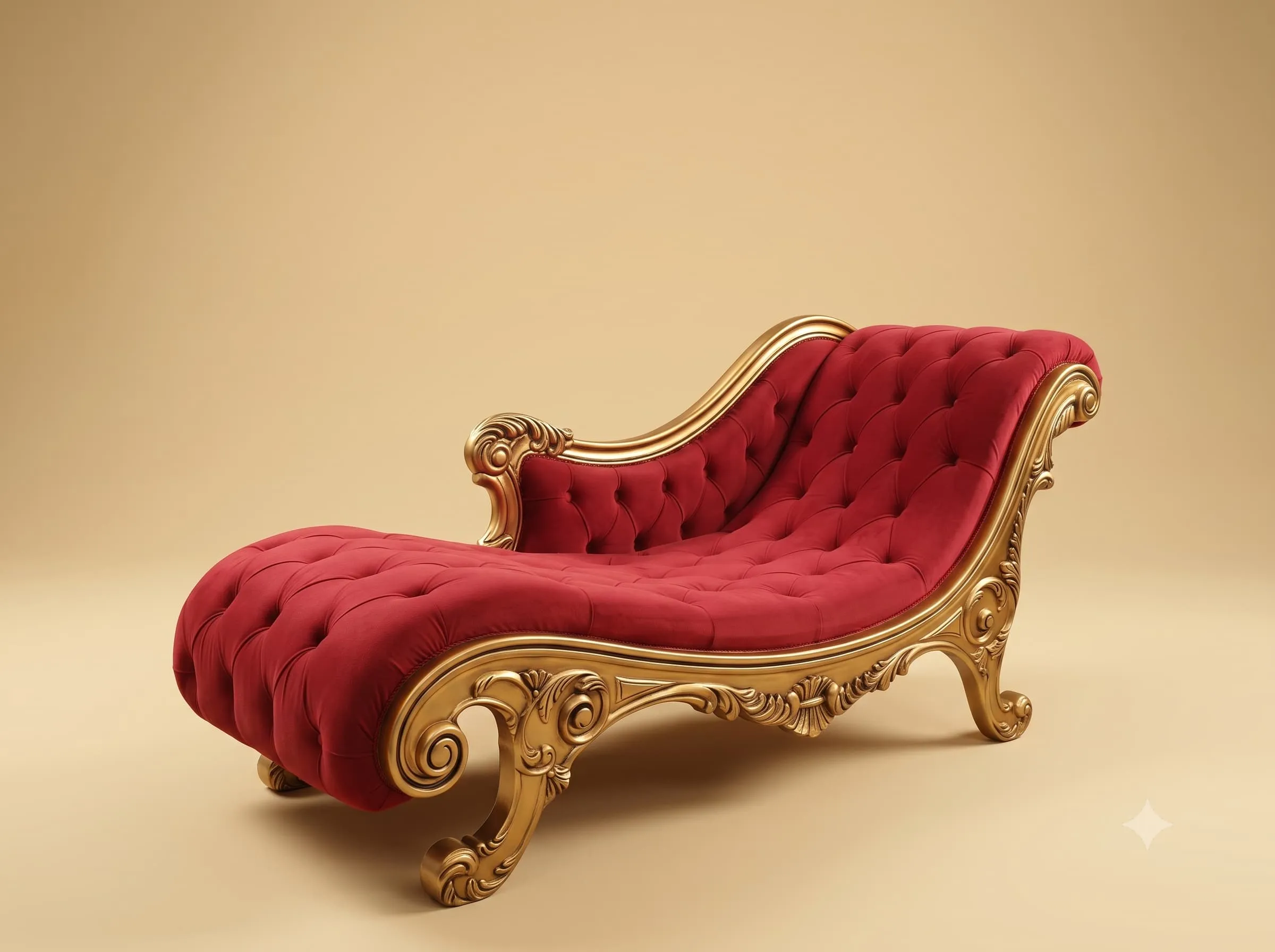 Day Bed in Gold Leaf Teak with a Deep Buttoned Red Velvet Seat