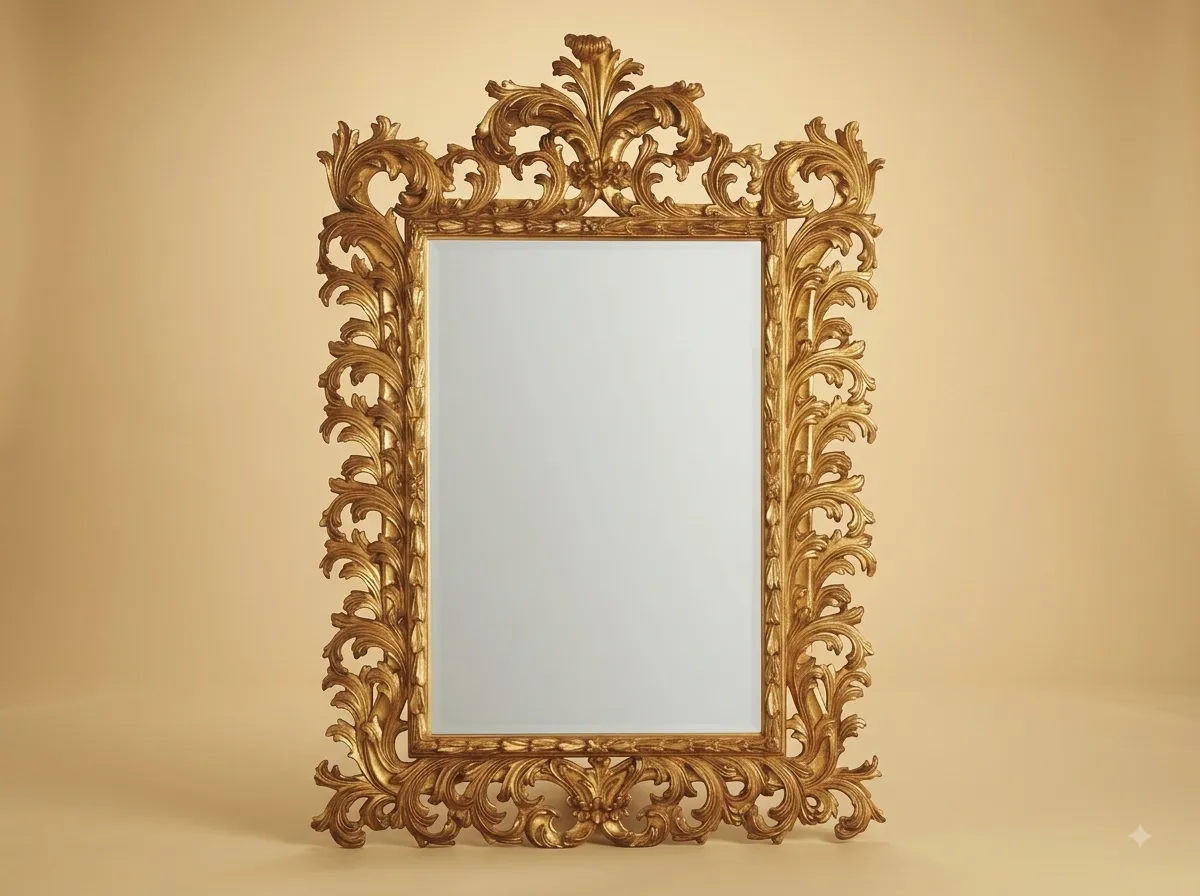 Entryway Mirror in Gilded Teak with a Florentine Carved Leaf Frame