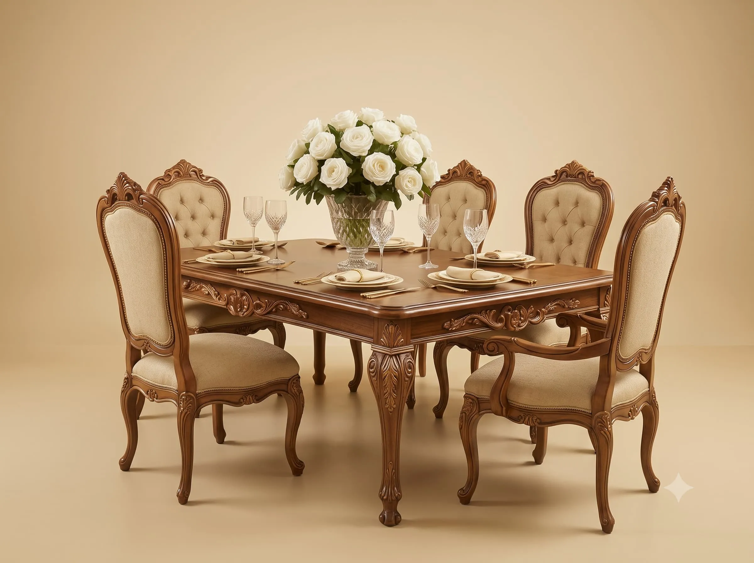 Walnut Dining Table Set in Solid Teak with Buttoned Chairs