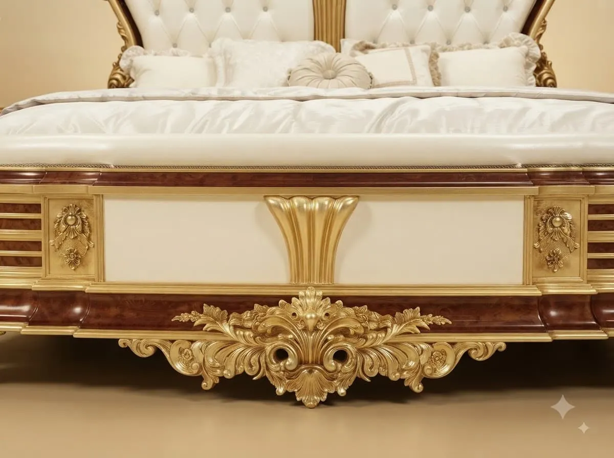 King Size Bed with Storage in Carved Teak - Gold and Mahogany