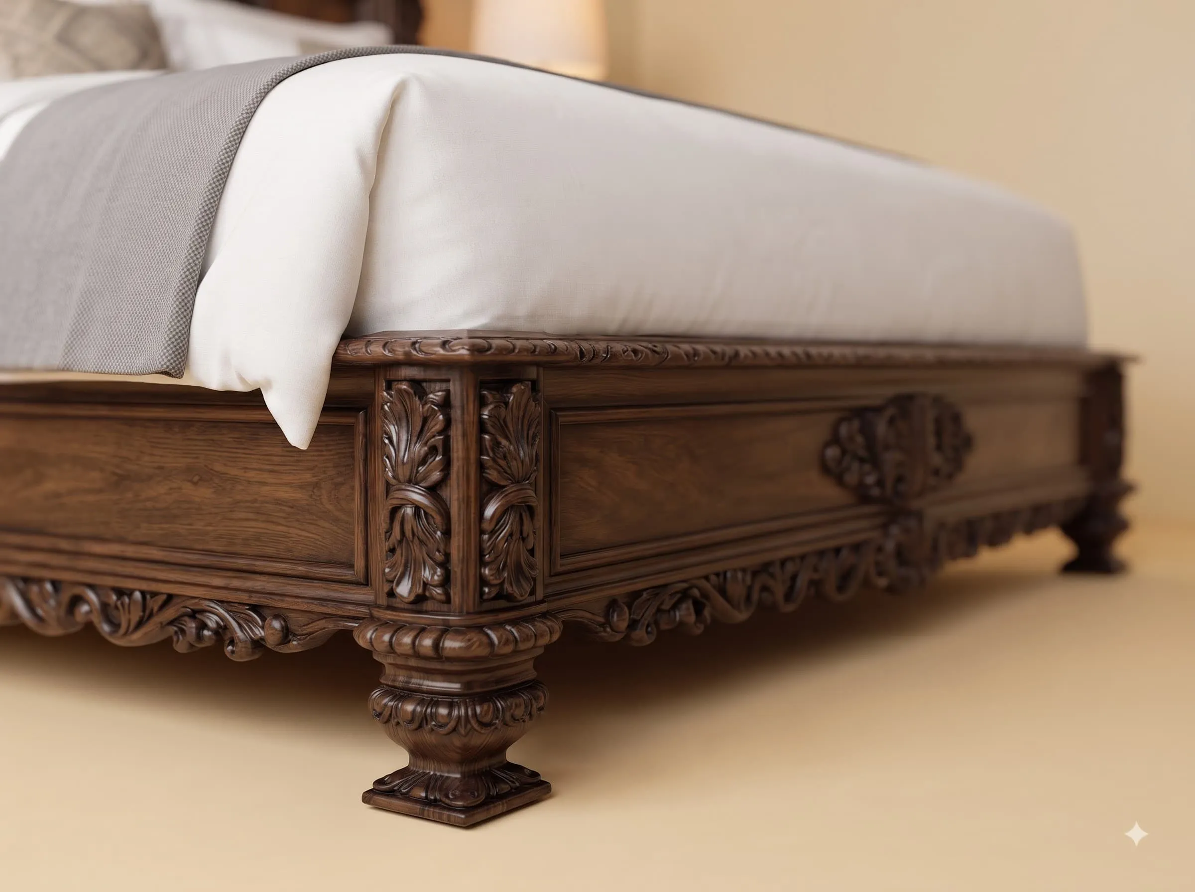 Wooden Double Bed in Carved Teak - Tall Arched Headboard with Posts