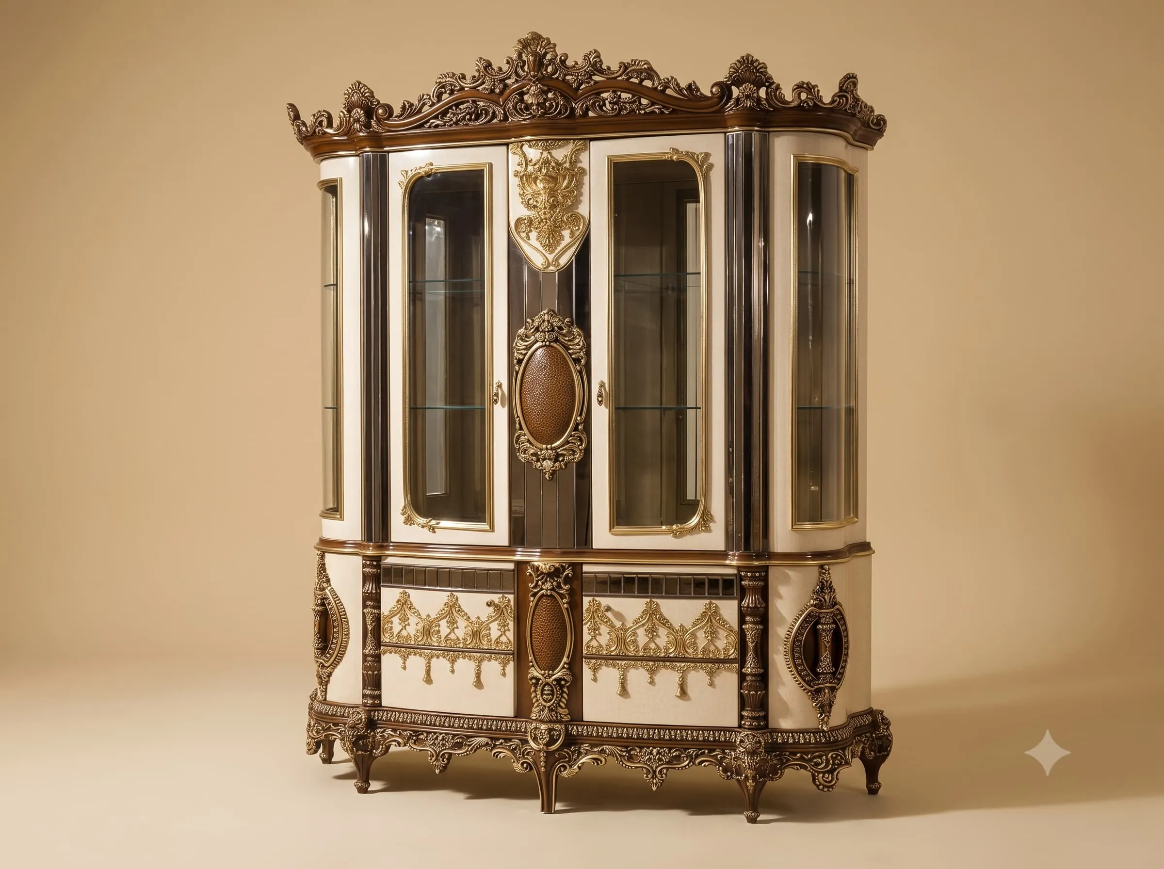 Carved Showcase in Teak with Curved Glass and Pierced Frieze