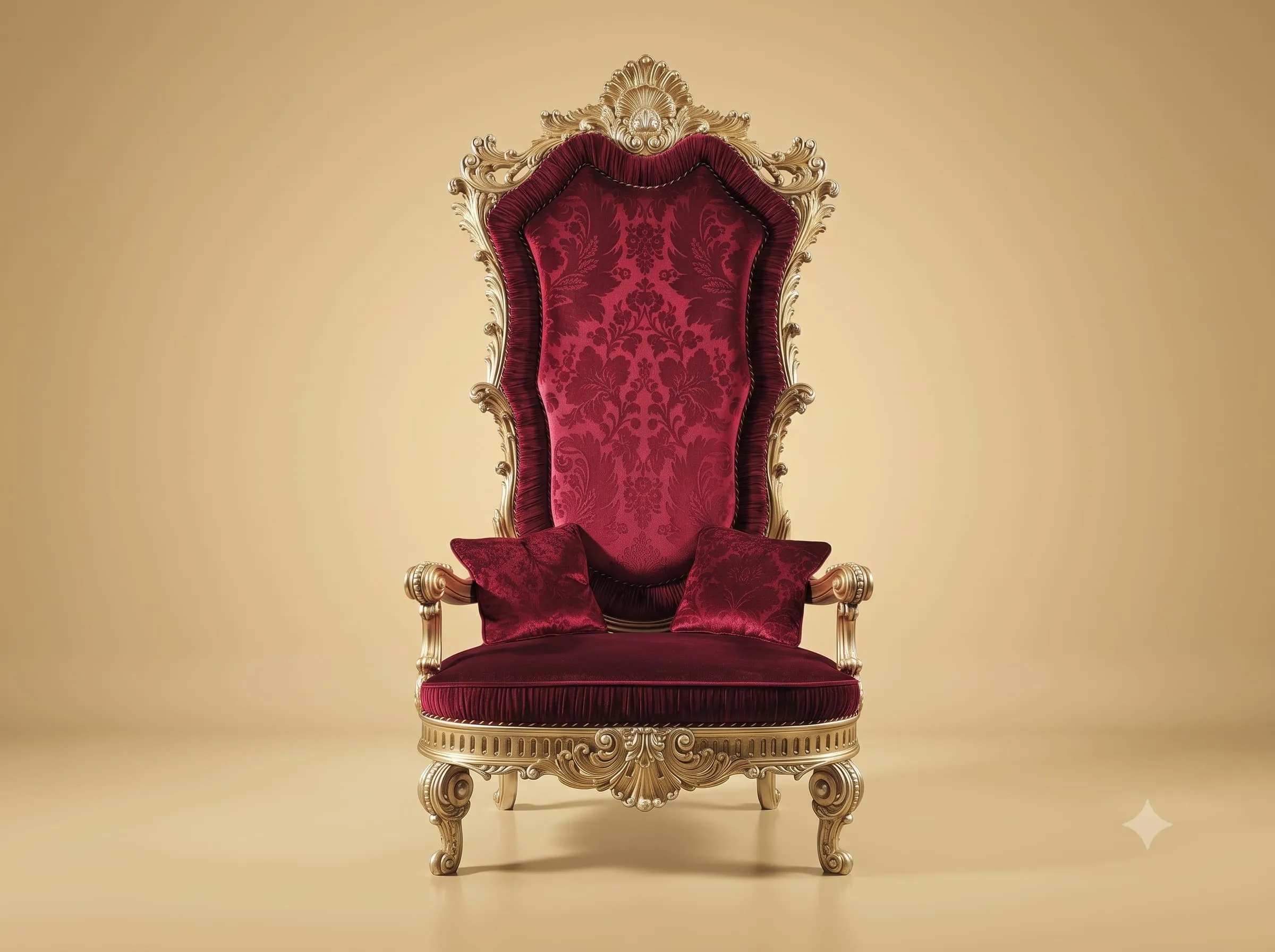Maroon High Back Chair in Carved Teak with Damask and Bolsters