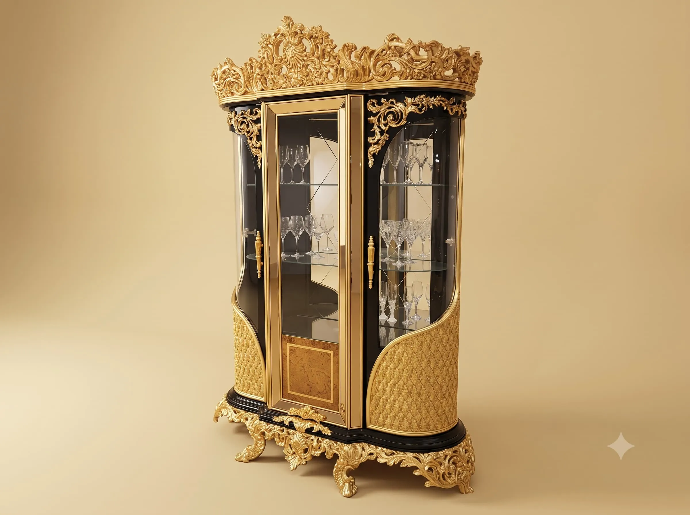 Black and Gold Showcase in Teak with Quilted Base Panels