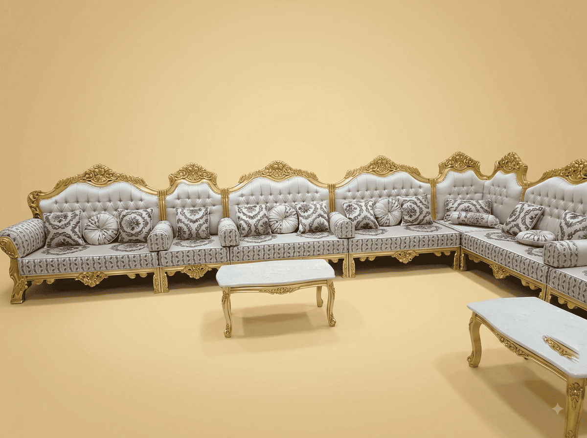 Corner Sofa Set in Carved Teak - White and Gold Majlis Seating