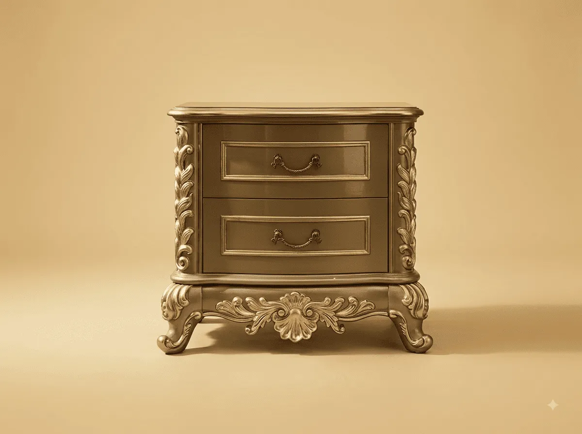 Living Room Side Table in Carved Teak - Champagne with Carved Base