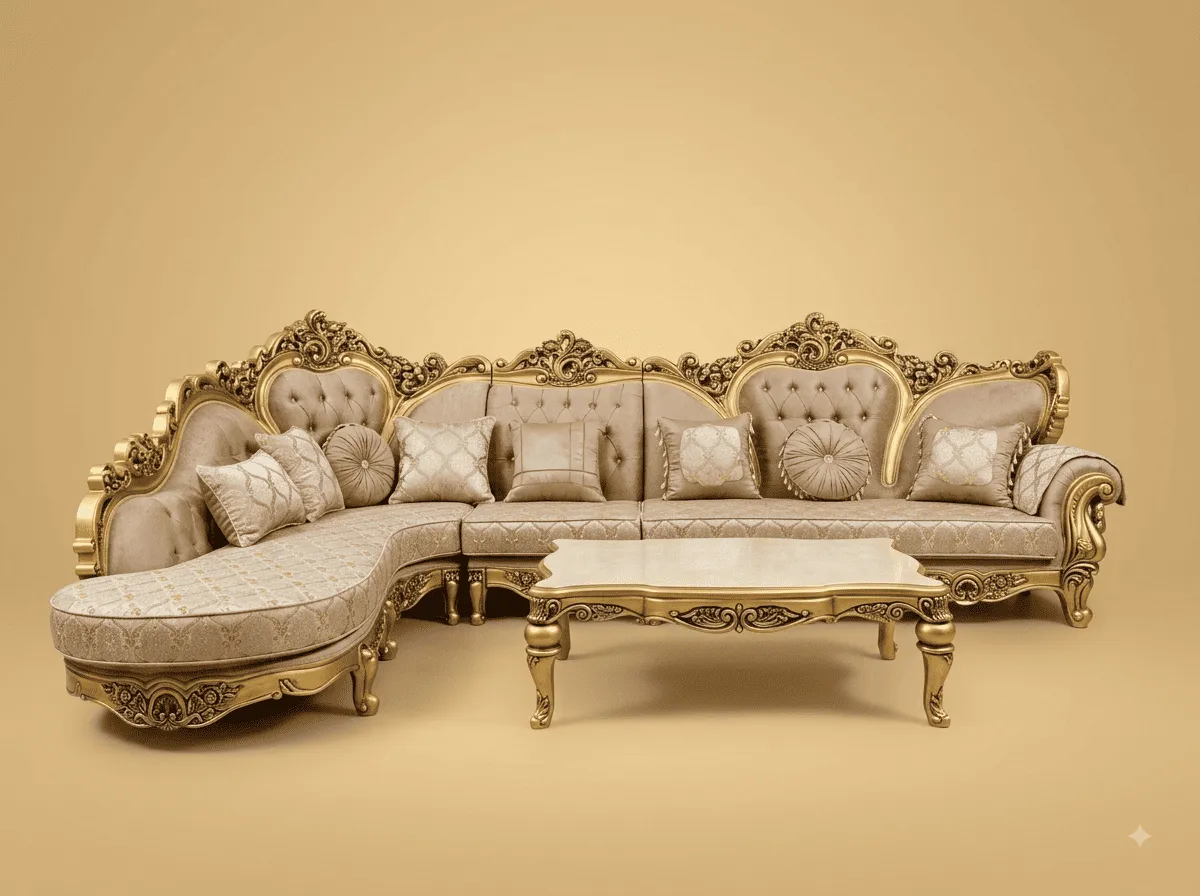 Gold Sofa Set in Carved Teak - Corner Seating with Marble Table