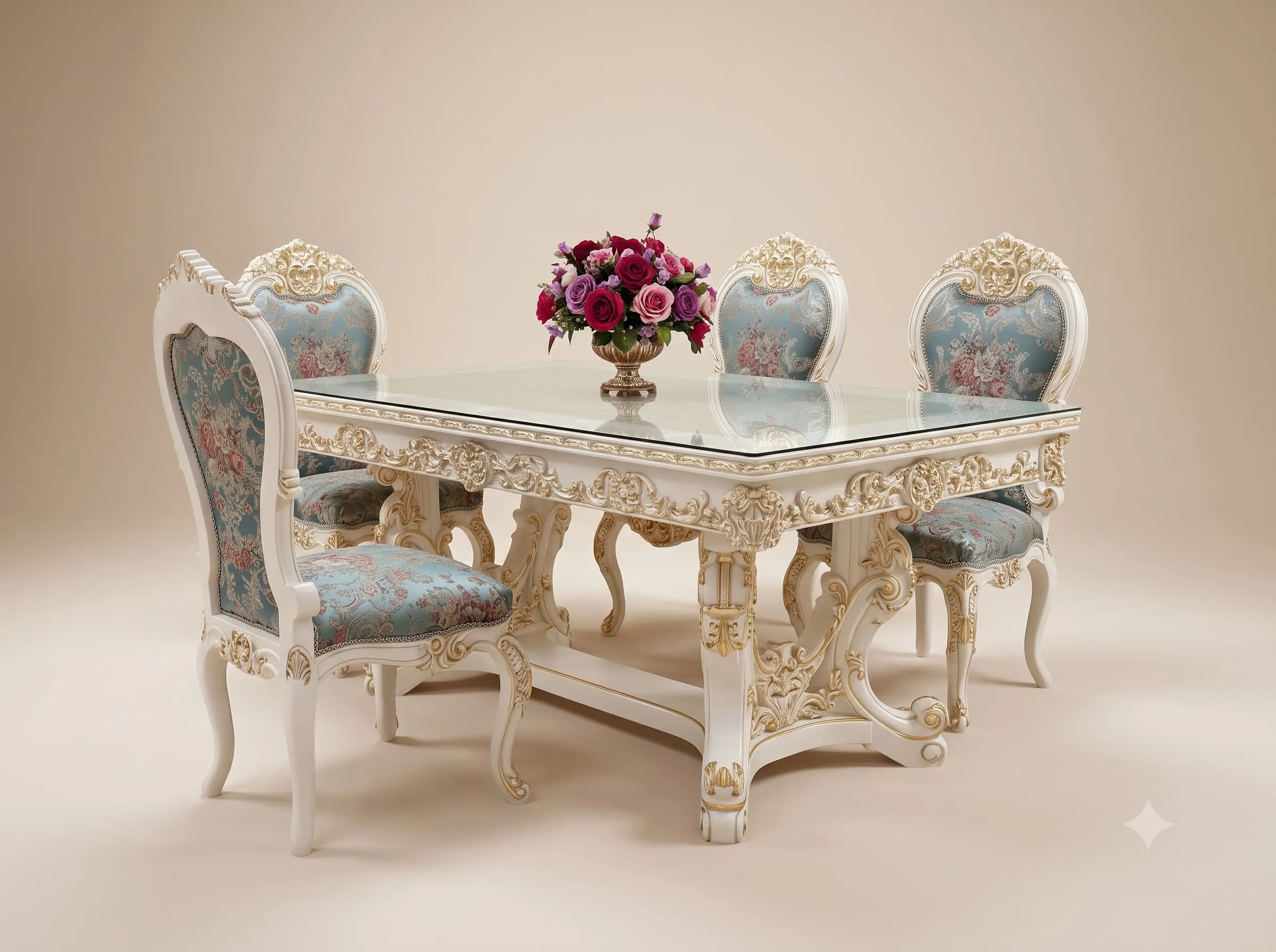 Glass Top Dining Table Set in Carved Teak with Floral Chairs