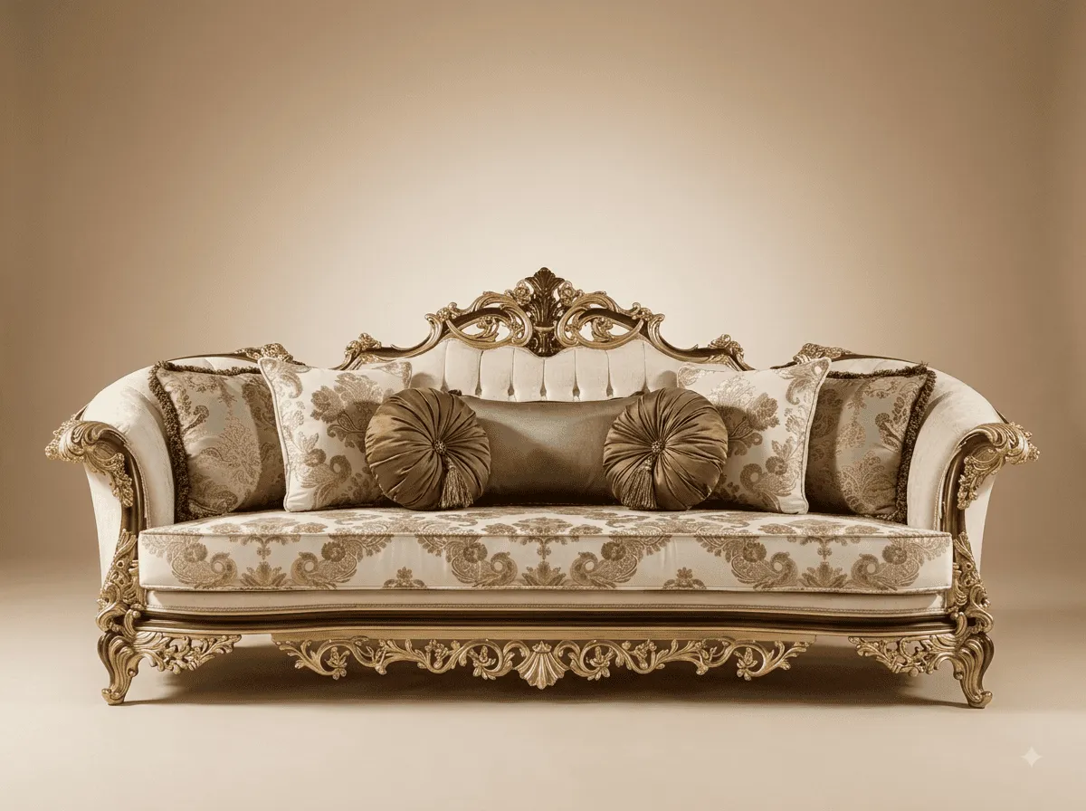 Royal Luxury Handcrafted Carved Teak Sofa | Ivory and Gold Piped Damask