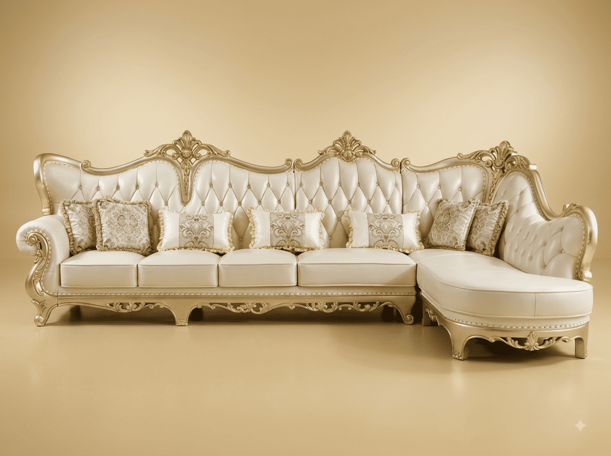Wooden Sofa Set in Carved Teak - Ivory Corner with Curved Chaise