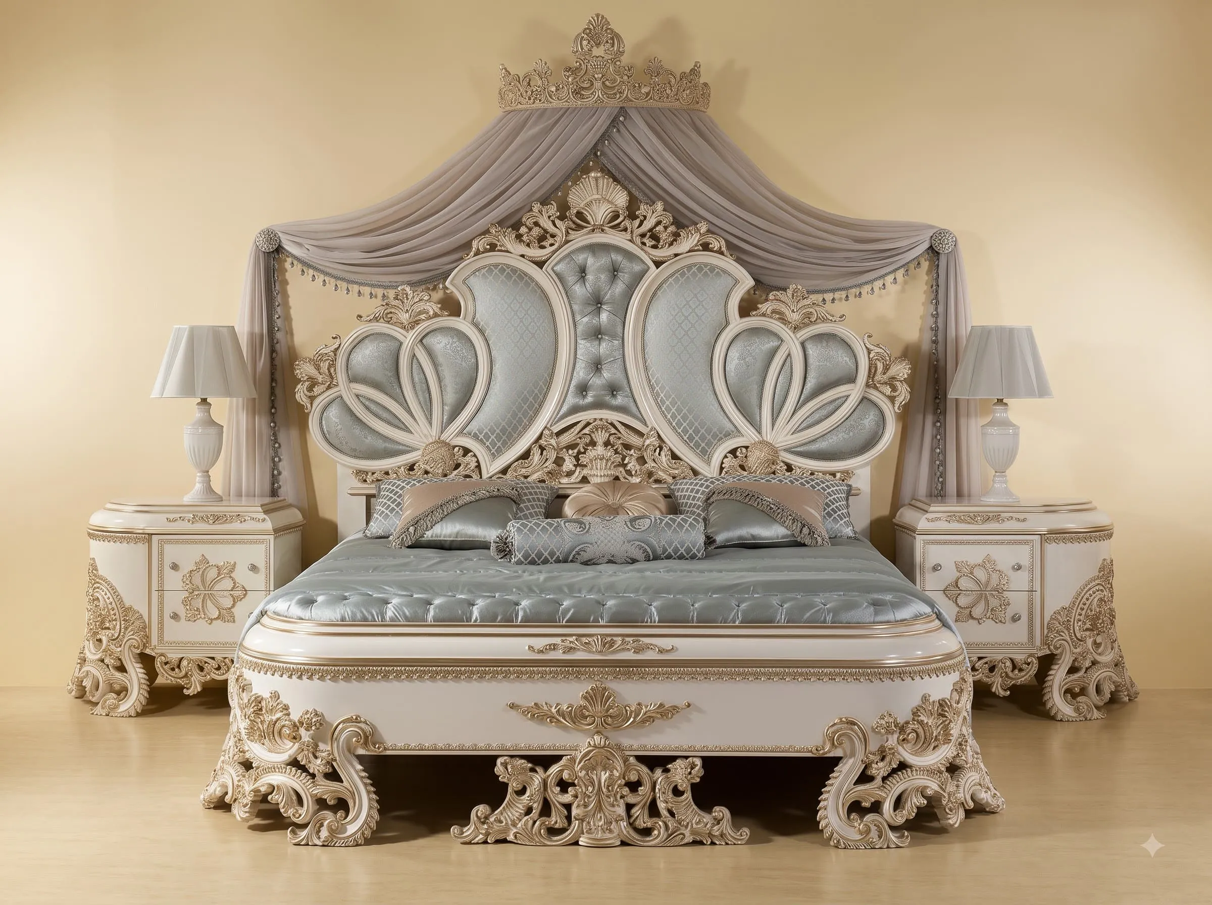 Canopy Bed with Curtains in Carved Teak - Ivory and Gold Corona