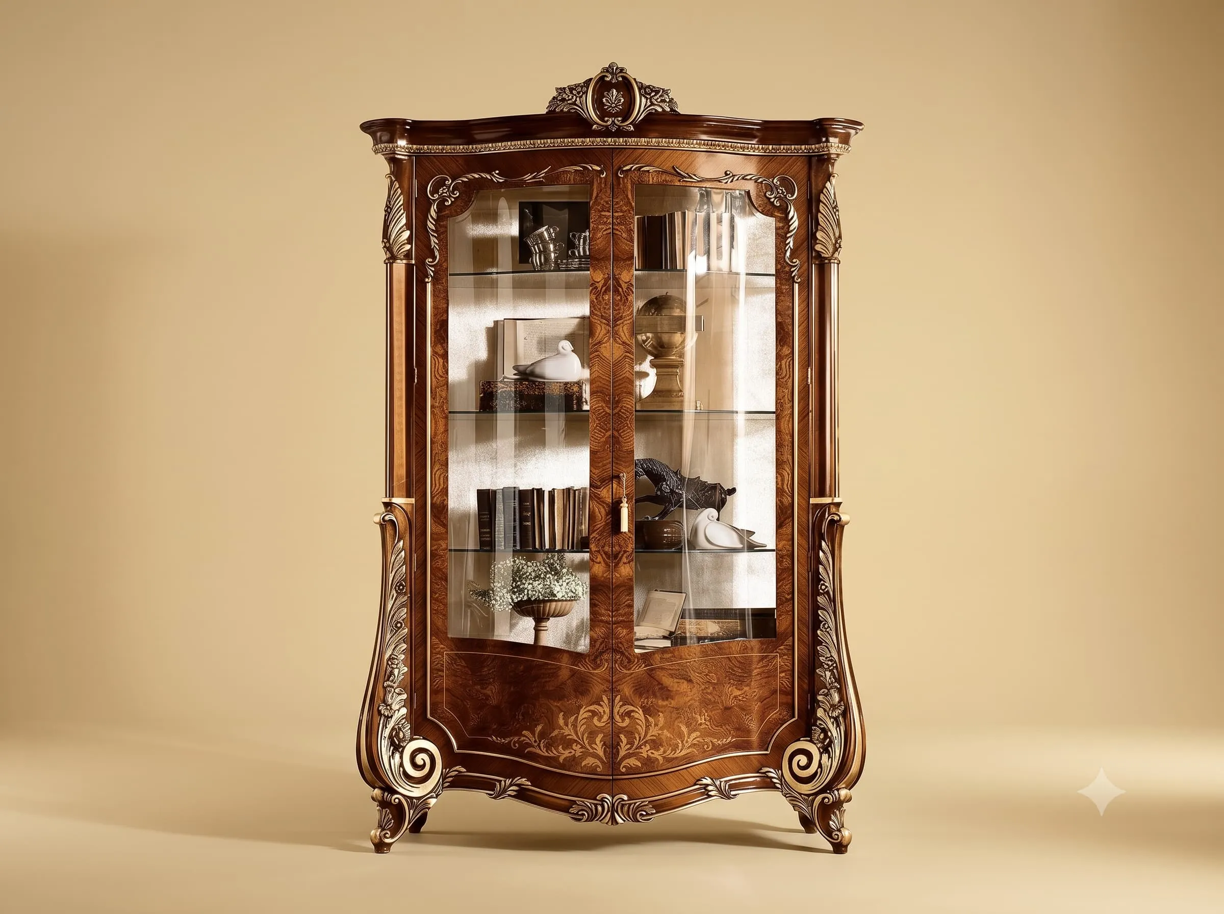 Wooden Display Cabinet in Walnut Tone Teak with Two Glazed Doors