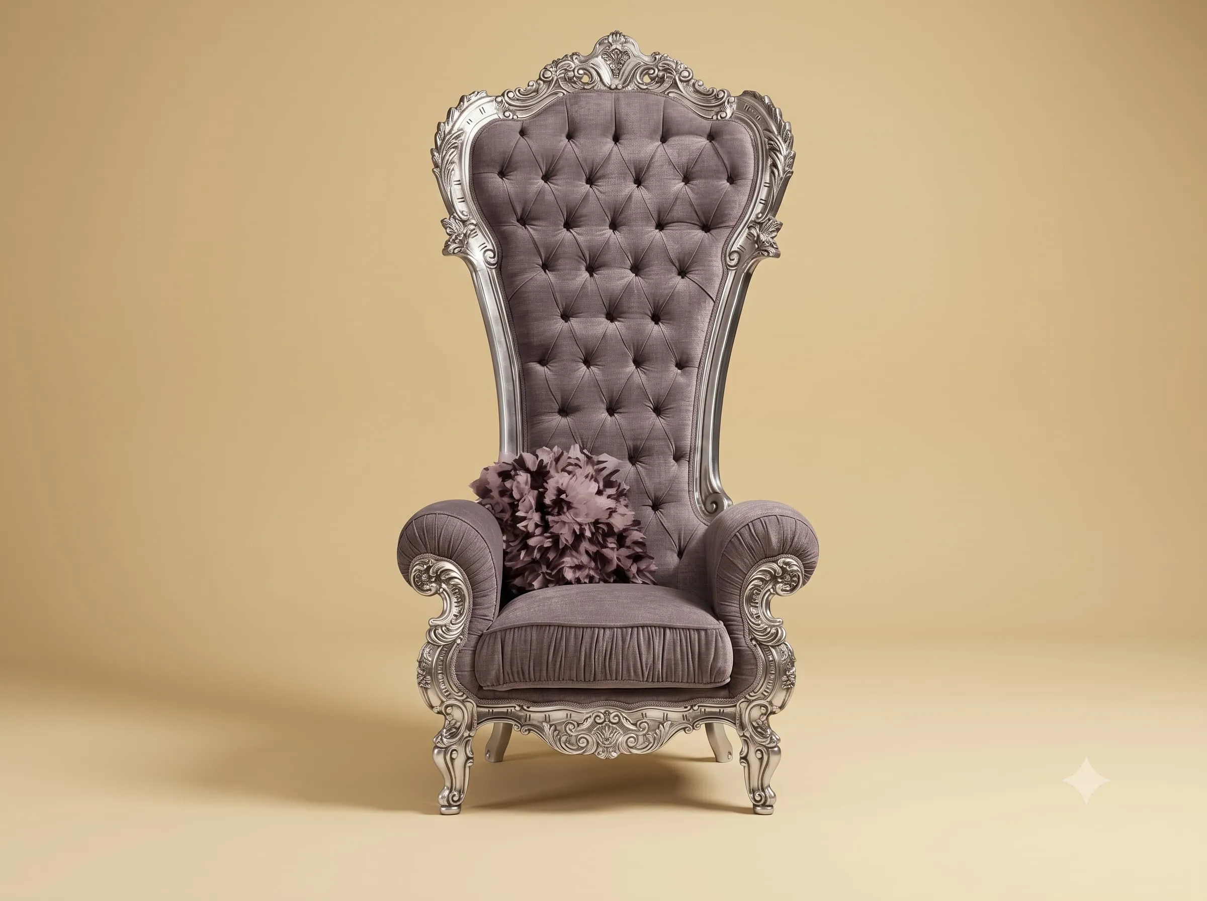 Silver High Back Chair in Carved Teak with a Buttoned Velvet Back