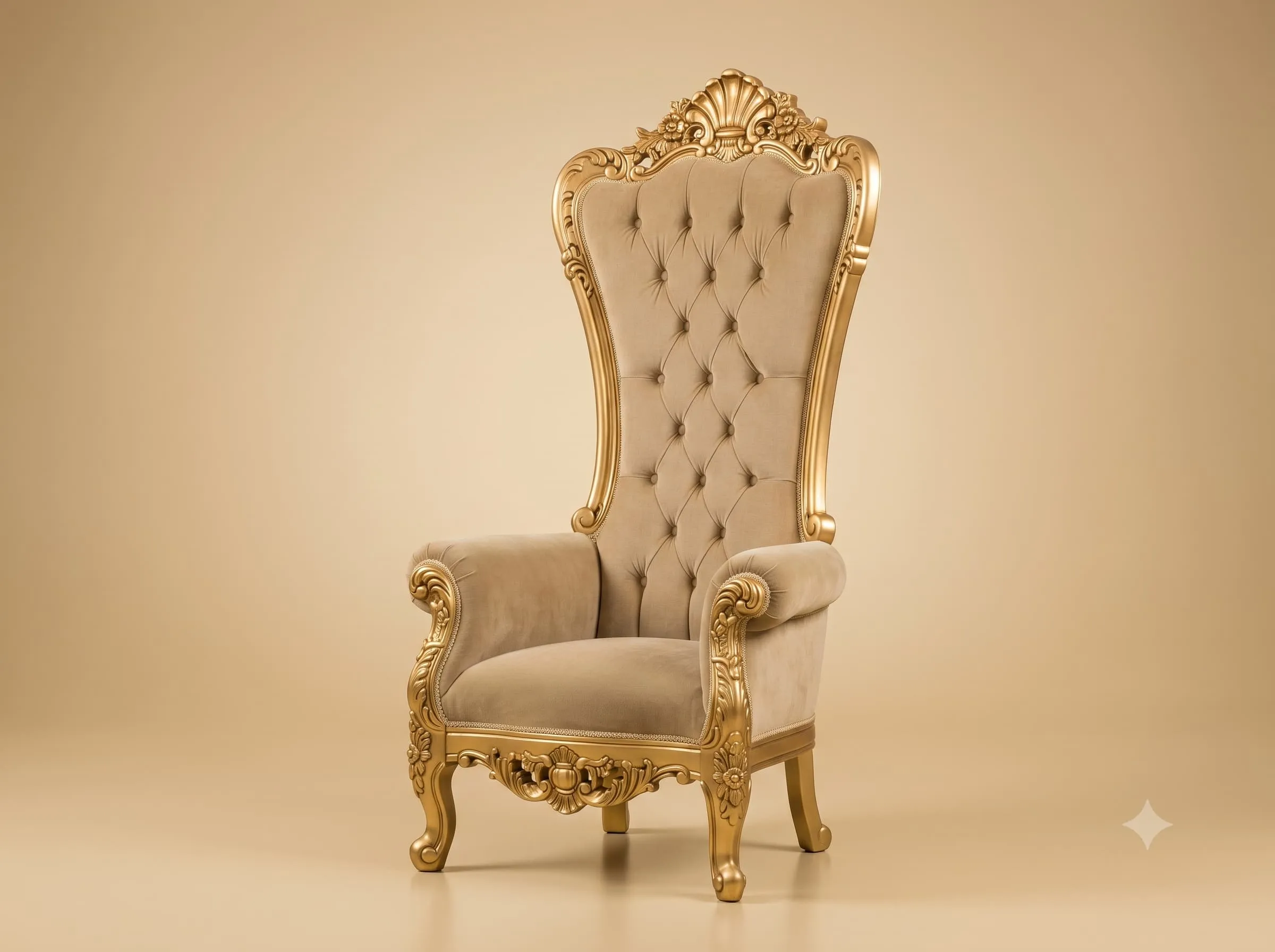 High Back Armchair in Carved Teak with a Gilded Frame and Suede Seat