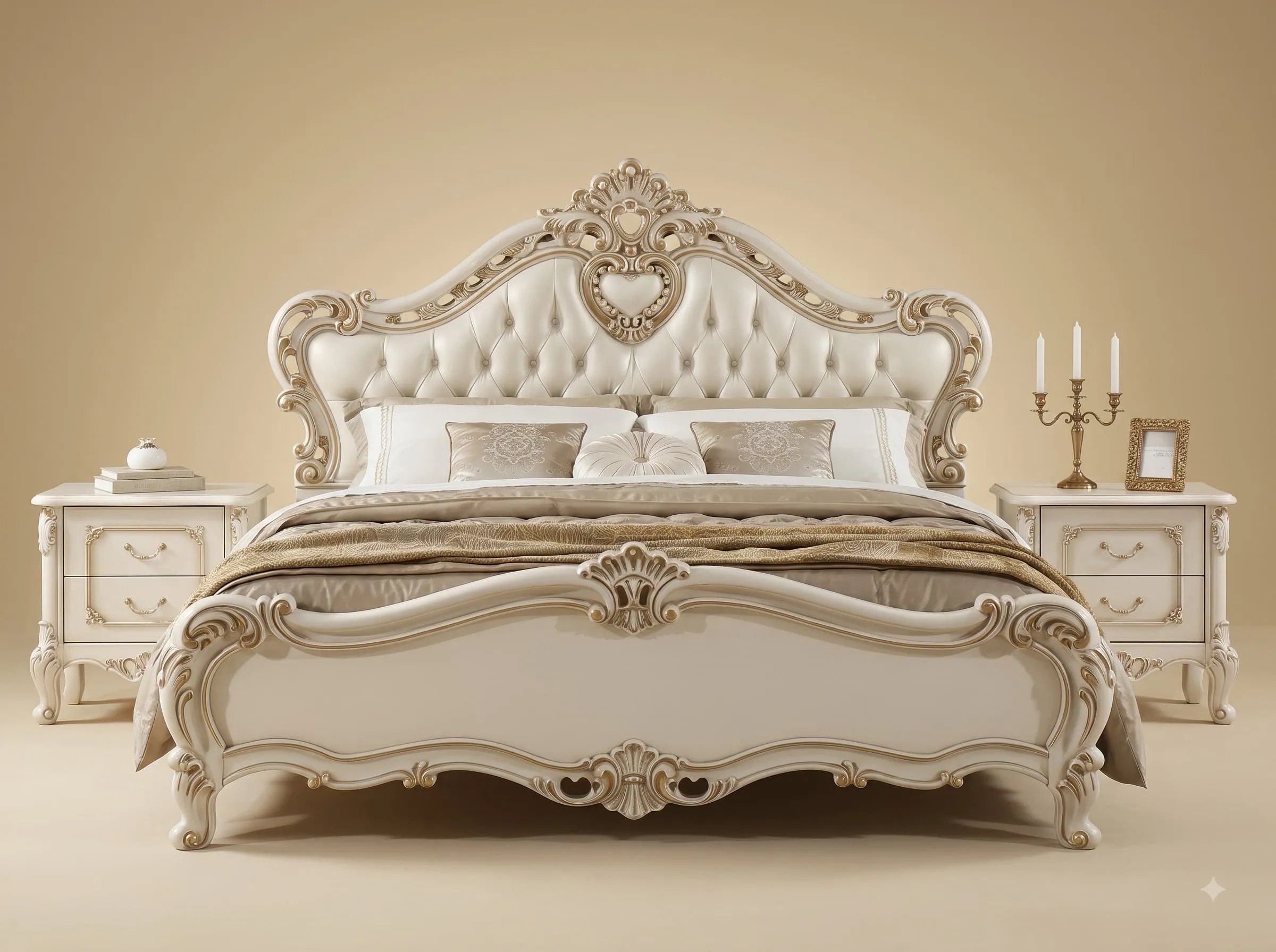Teak Wood King Size Bed with Side Tables - Cream Heart Carved Headboard