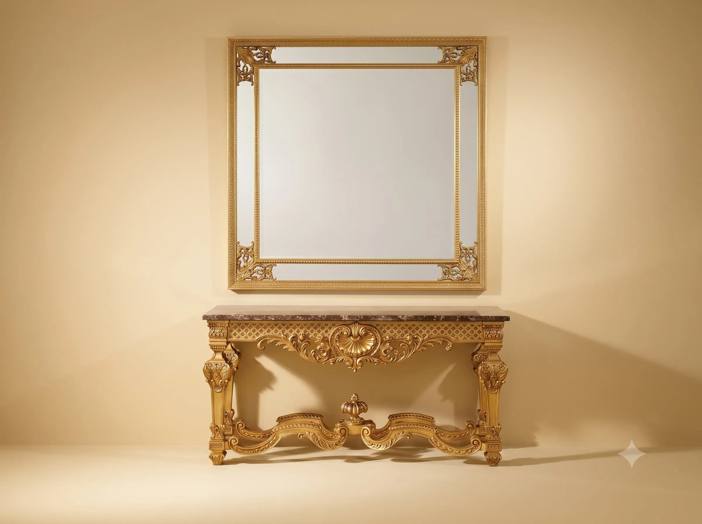 Sofa Table in Gilded Teak with Lattice Apron and Wall Mirror