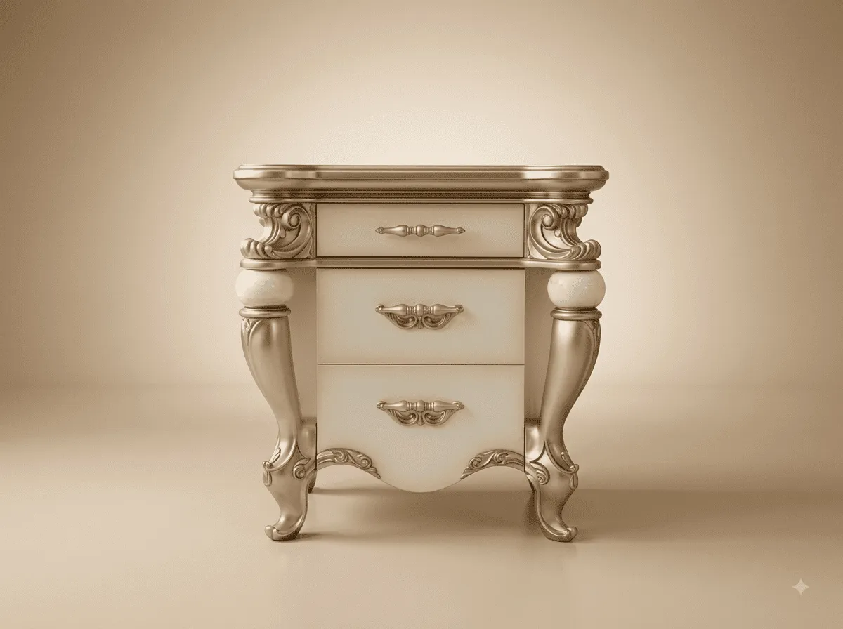 Side Table with Drawers in Carved Teak - Pearl with Sculpted Legs
