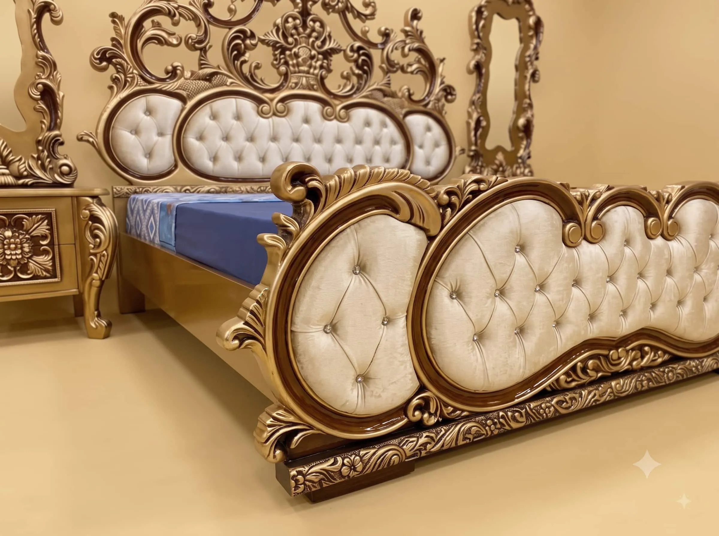 King Size Bedroom Set in Carved Teak - Gold with Tall Mirrors