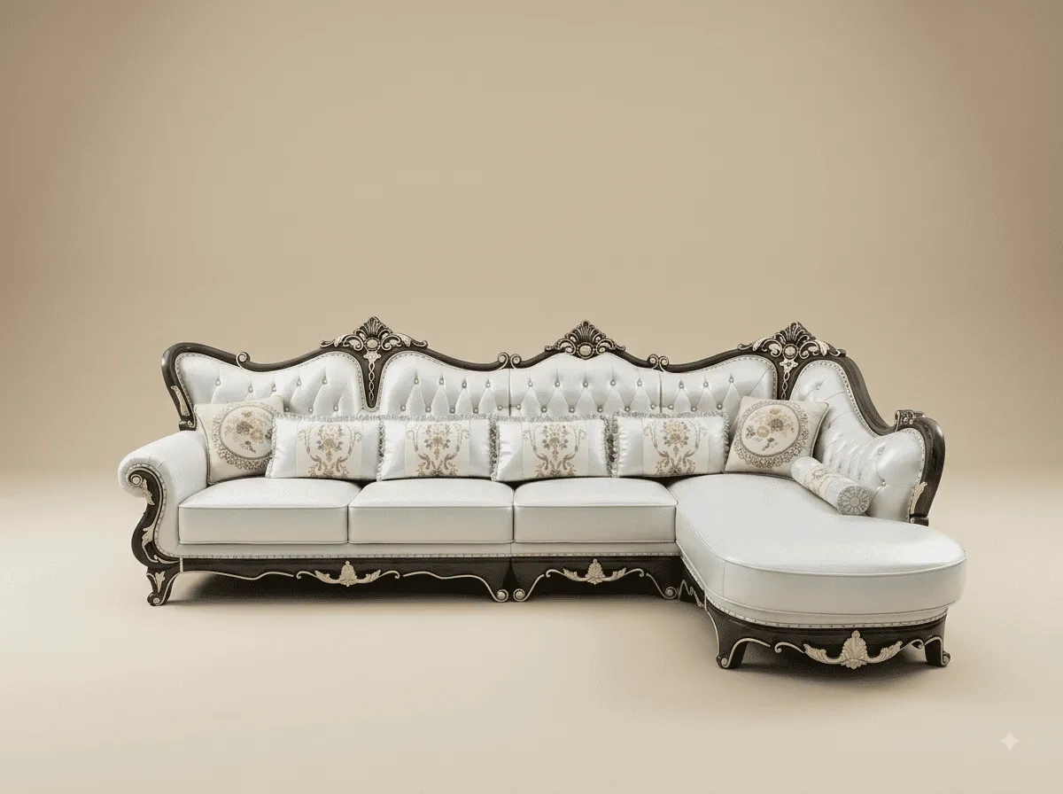 Black and White Sofa in Carved Teak - Chaise End with Silver Detail