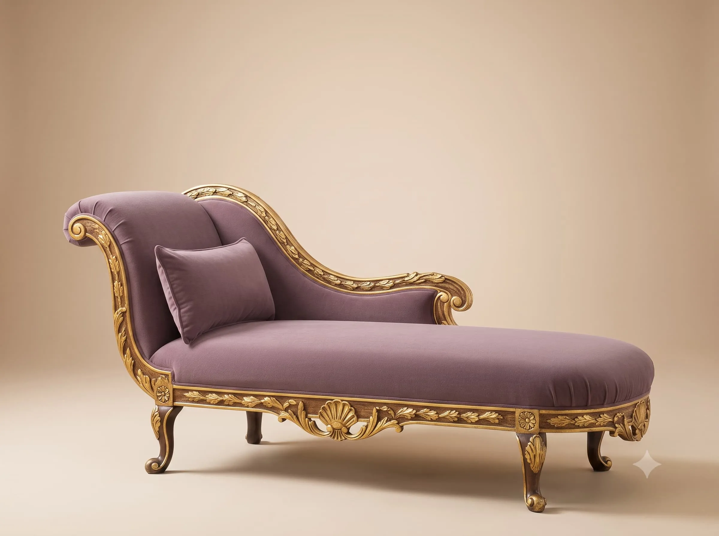 Carved Diwan in Gold Leaf Teak with Plain Velvet Upholstery