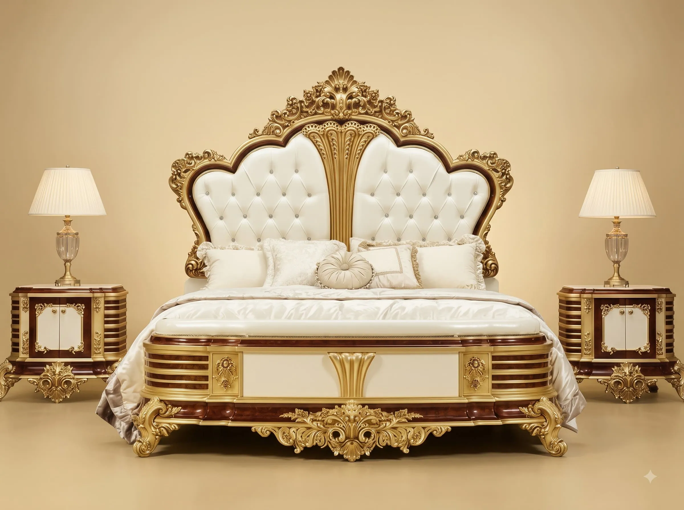 King Size Bed with Storage in Carved Teak - Gold and Mahogany