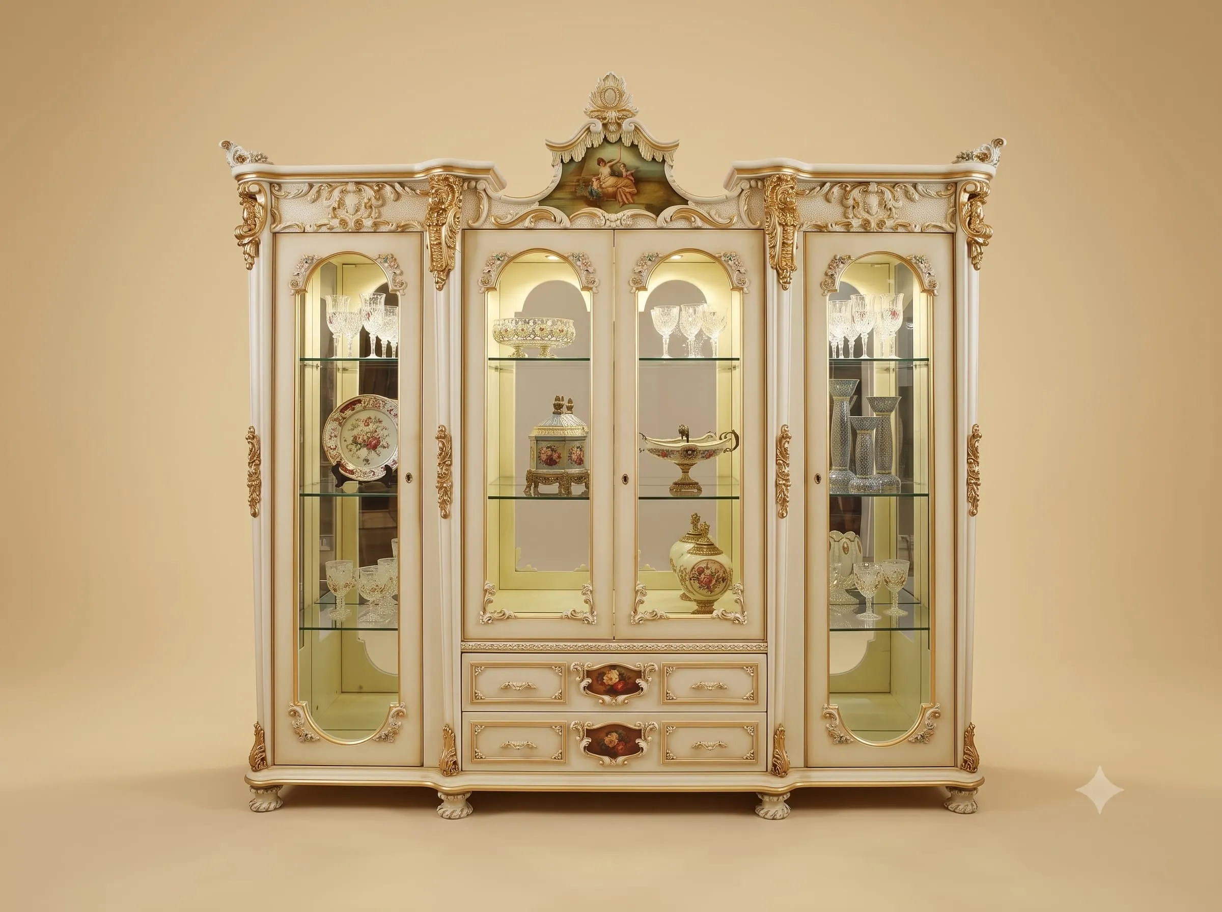 Luxury Showcase in Carved Teak with Painted Pediment and Lighting