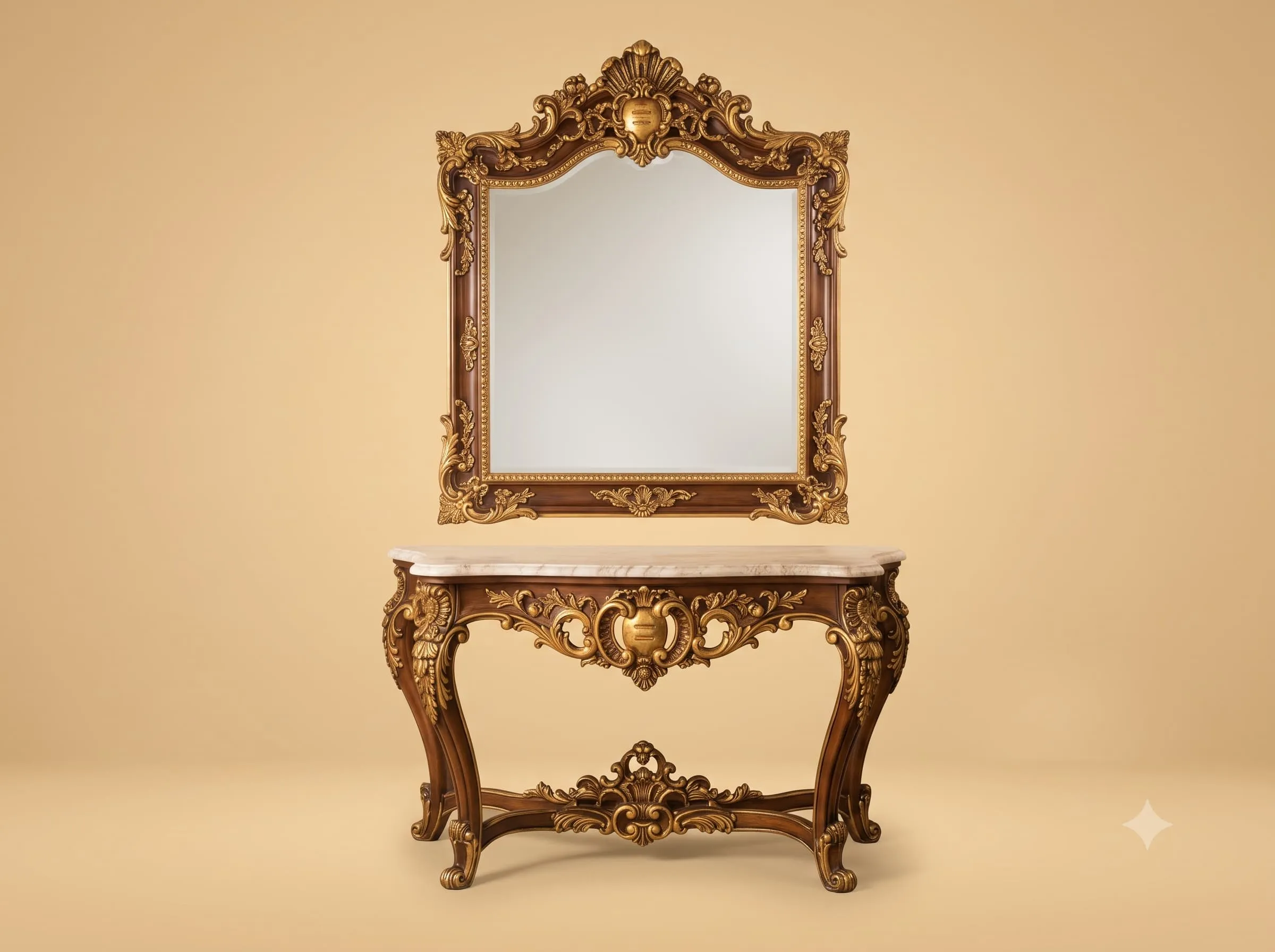Console Table and Mirror Set in Carved Teak with White Marble