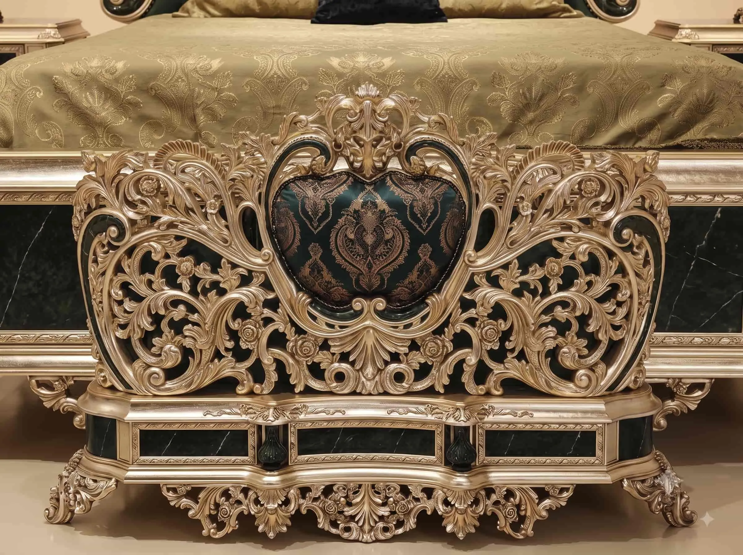Emerald Green Bed in Carved Teak - Silver Frame with Tufted Headboard