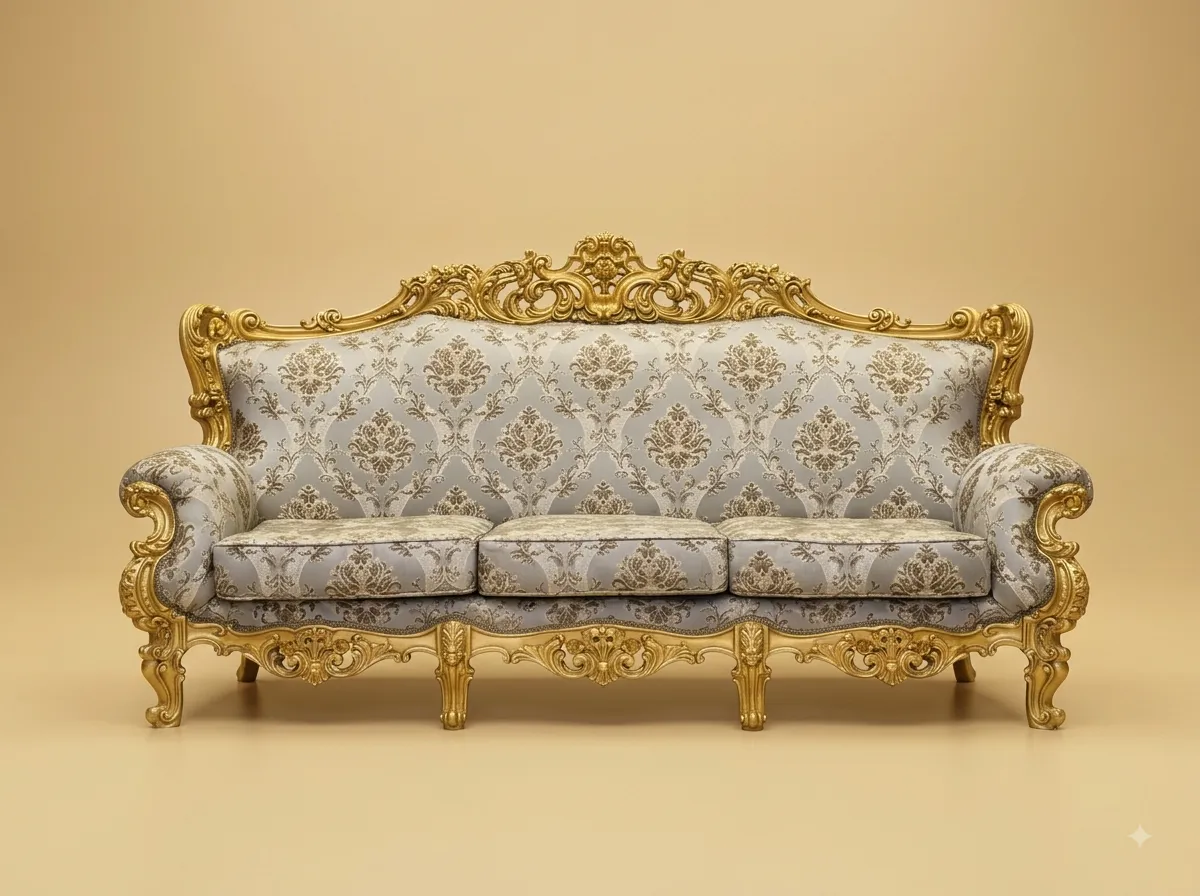 Royal Luxury Carved Teak Wood 3 Seater Sofa Set | Grey and Gold Damask