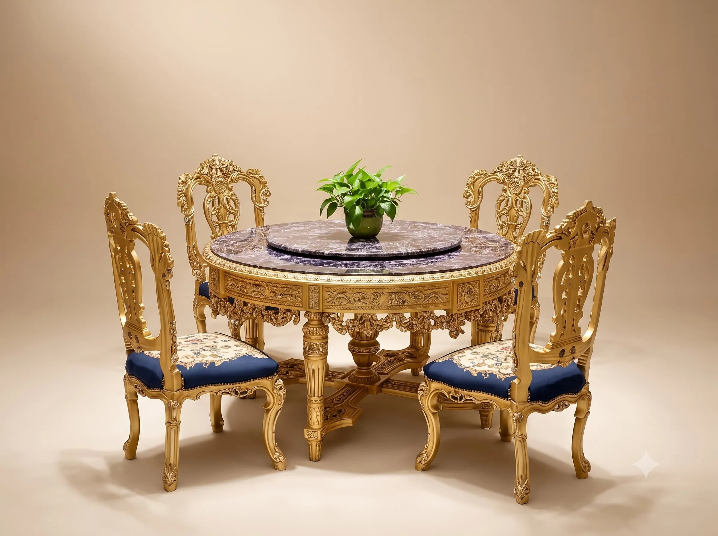 Stone Top Dining Table Set in Carved Teak with Gilded Chairs