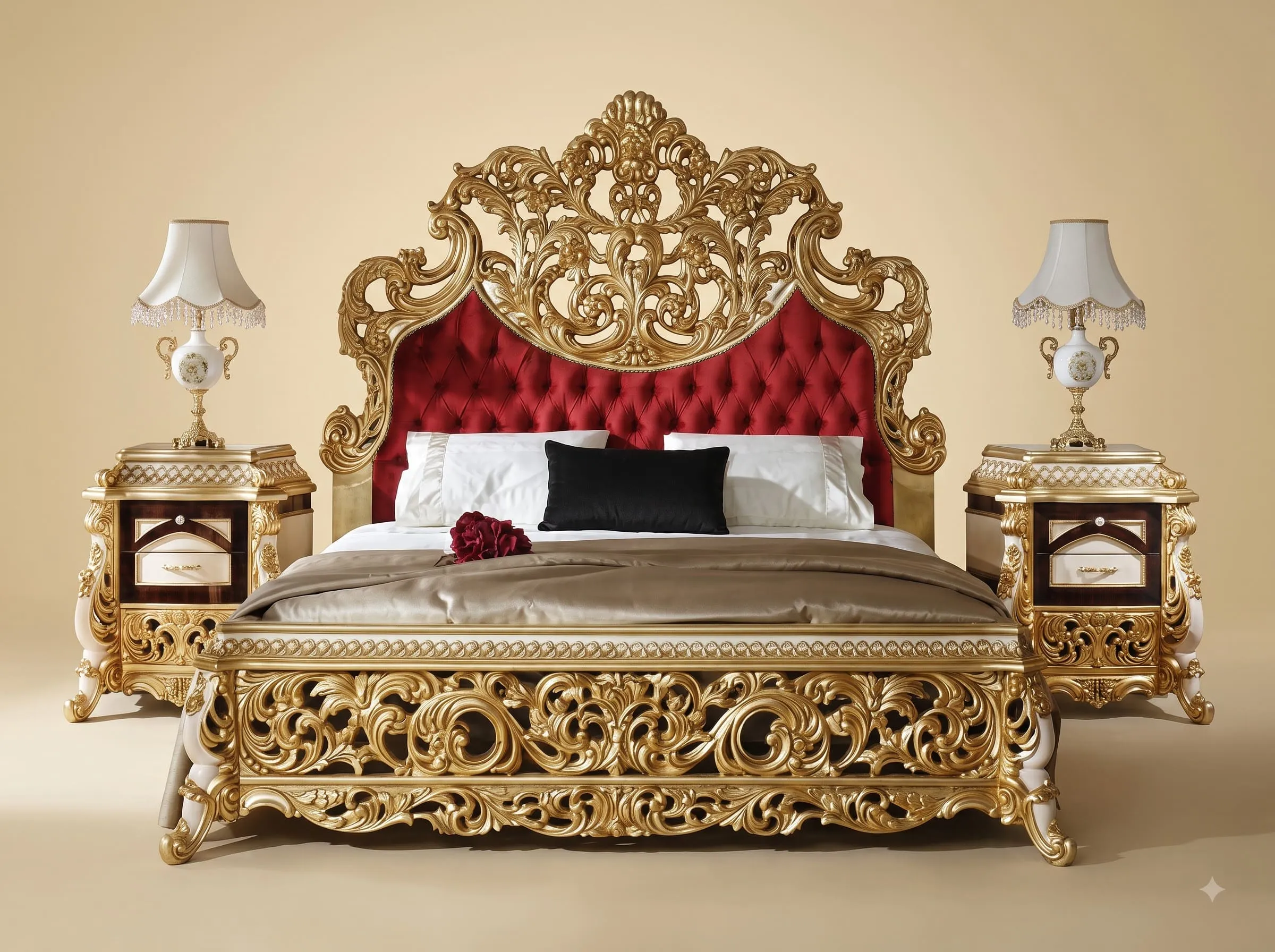 Red Velvet Bed in Carved Teak - Gold Openwork Footboard and Crest
