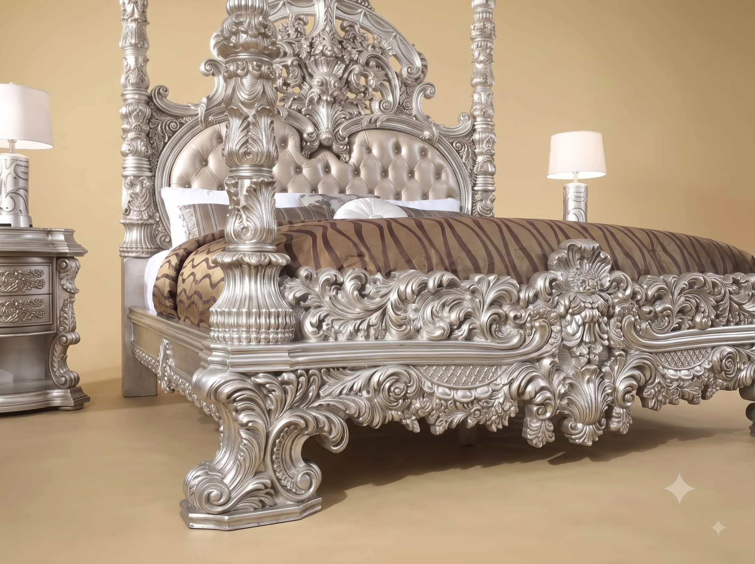Four Poster Bed in Carved Teak - Silver Finish with Tufted Headboard