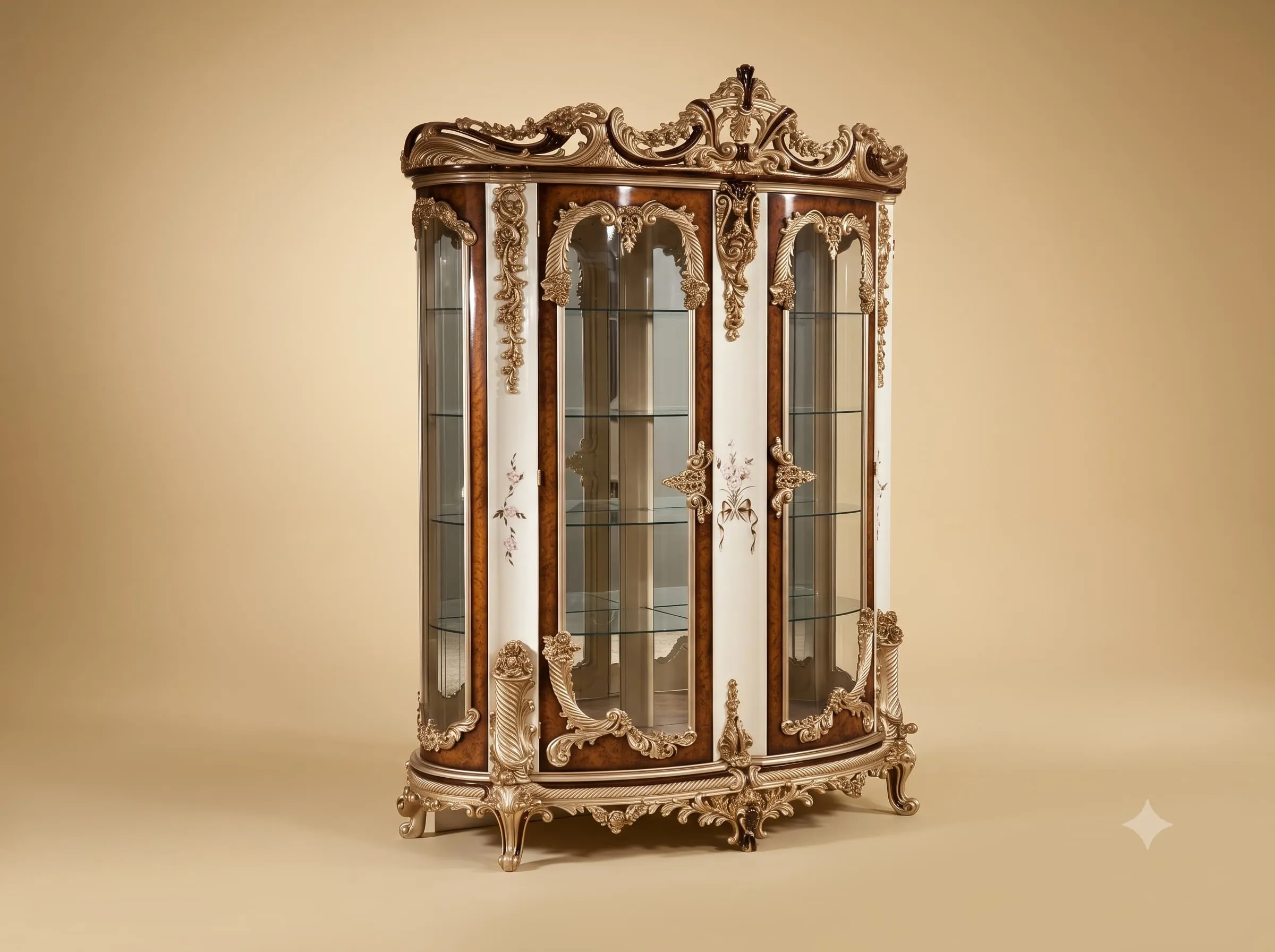 Teak Wood Showcase in Walnut and Cream with Silver Carving