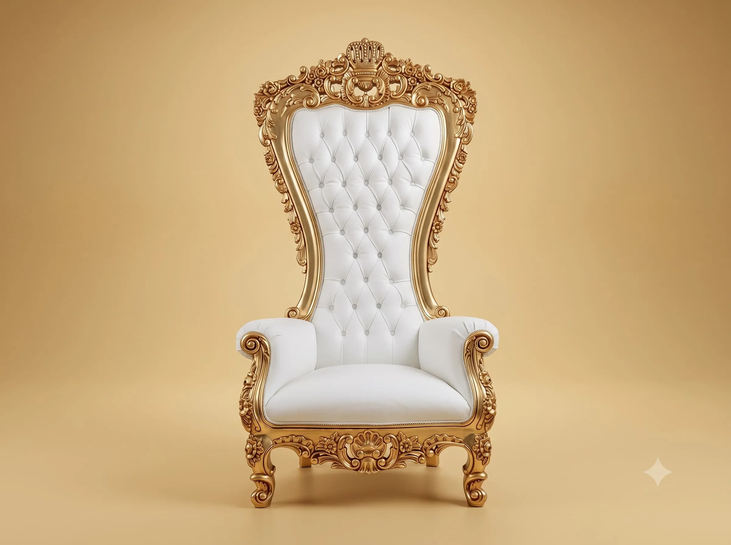White Throne Chair in Carved Teak with a Crown Crest and Gilded Frame