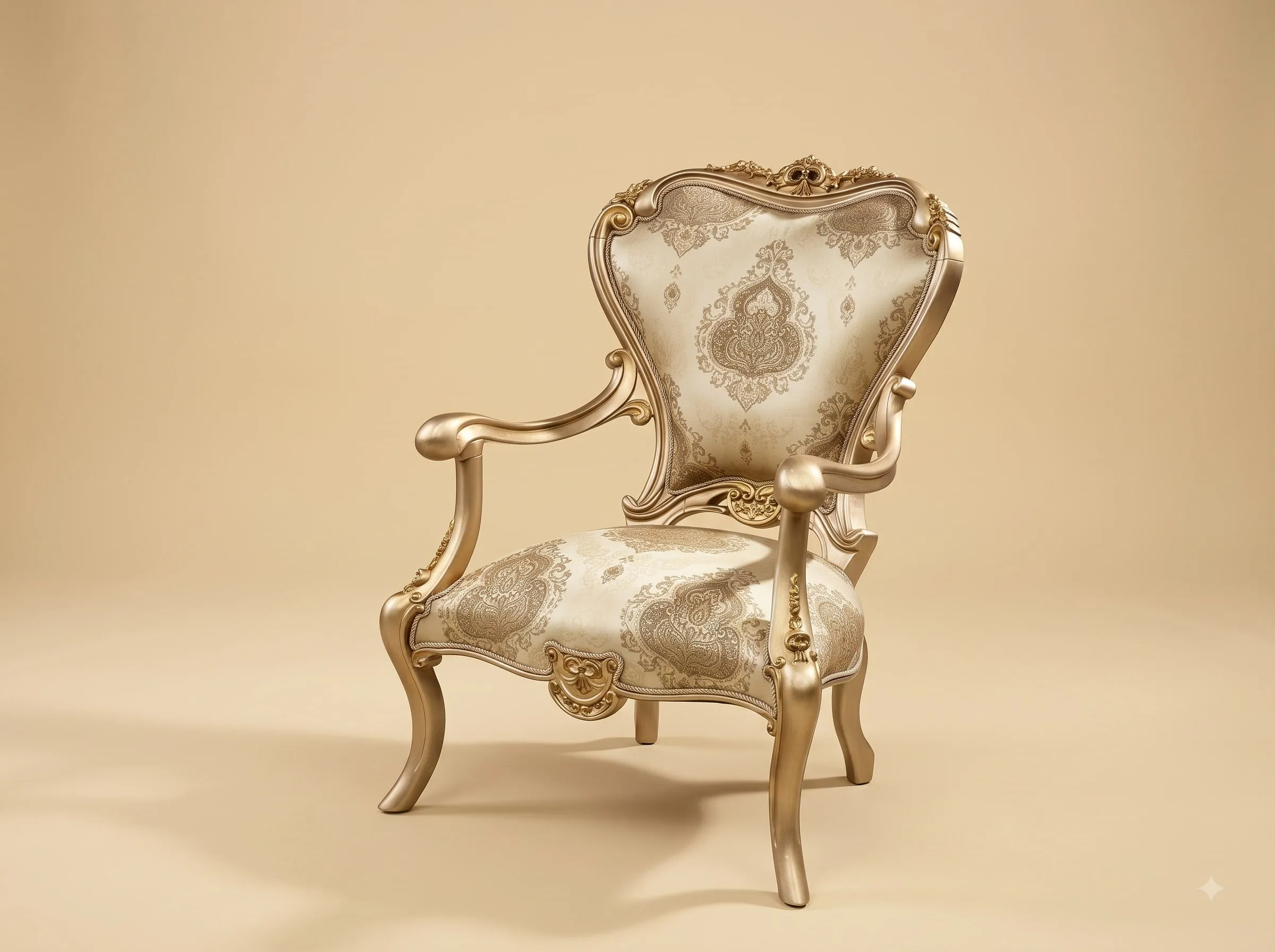 Bedroom Chair in Carved Teak - Champagne with Ivory Damask