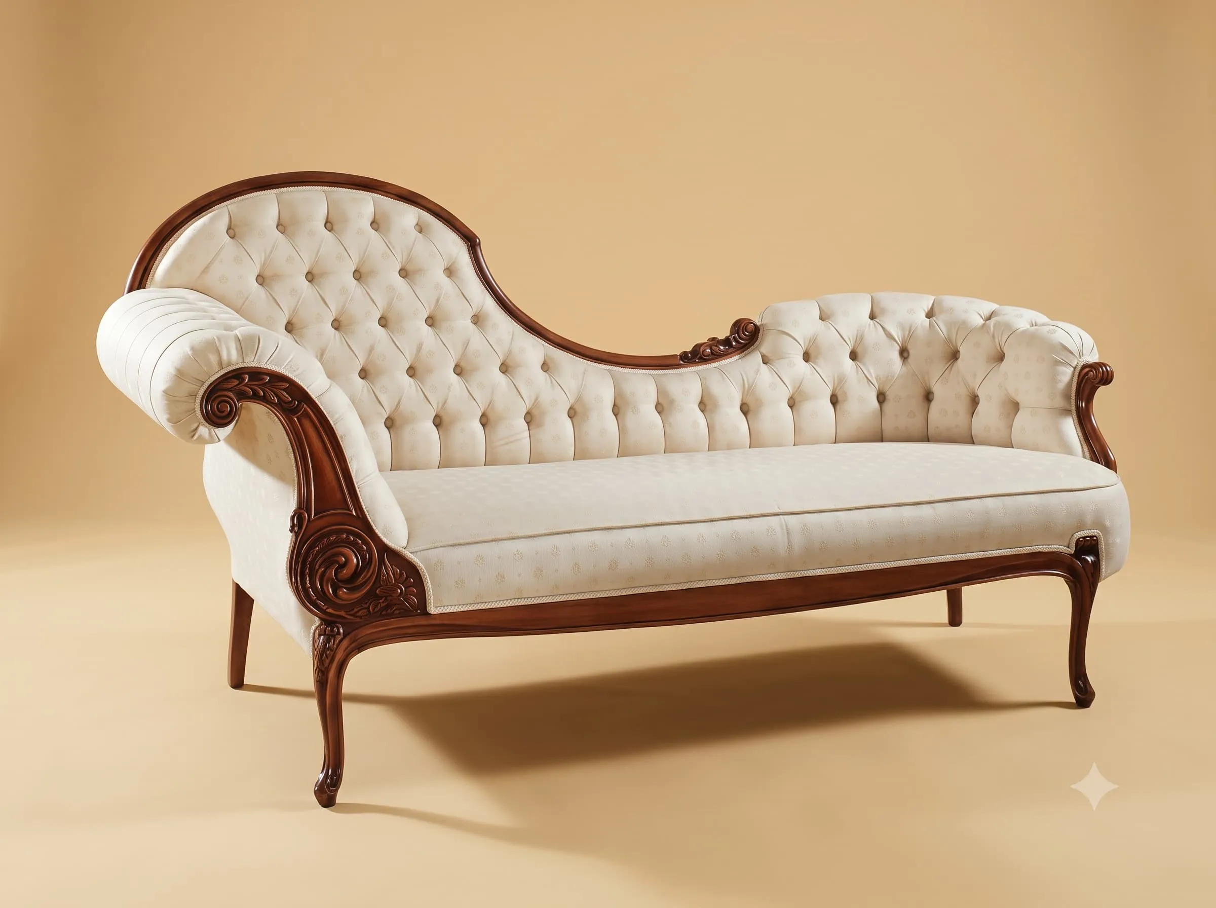Chaise Lounge in Carved Teak with Buttoned Cream Upholstery