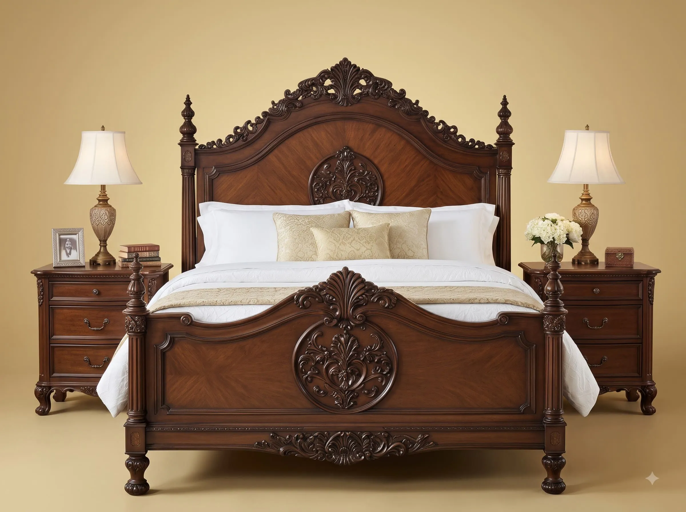 Poster Bed in Carved Teak - Walnut Finish with Arched Crown Headboard