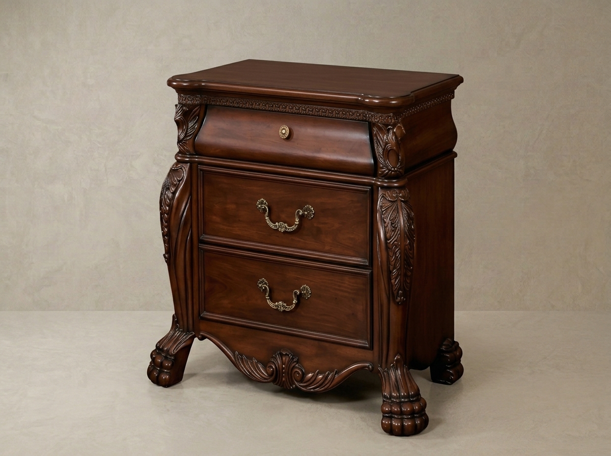 Traditional Two-Drawer Luxury Nightstand in Cherry | Solid Wood Hand Carved Bedside Table with Storage